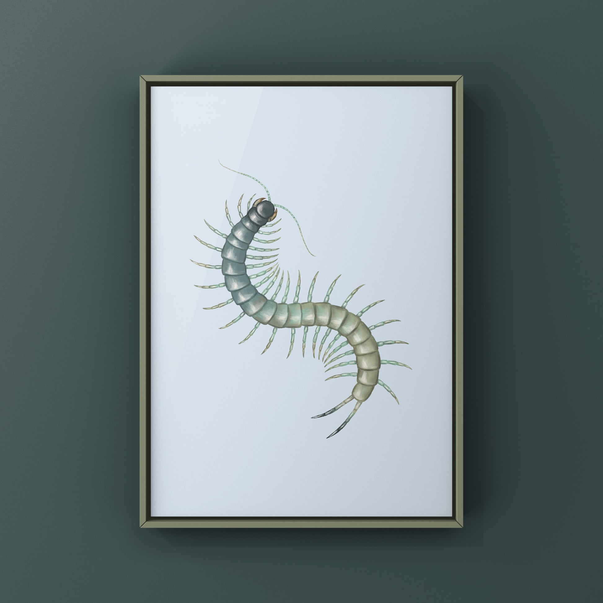Aztec Blue Centipede art print by The Silk Ranch featuring a vibrant centipede illustration on paper.
