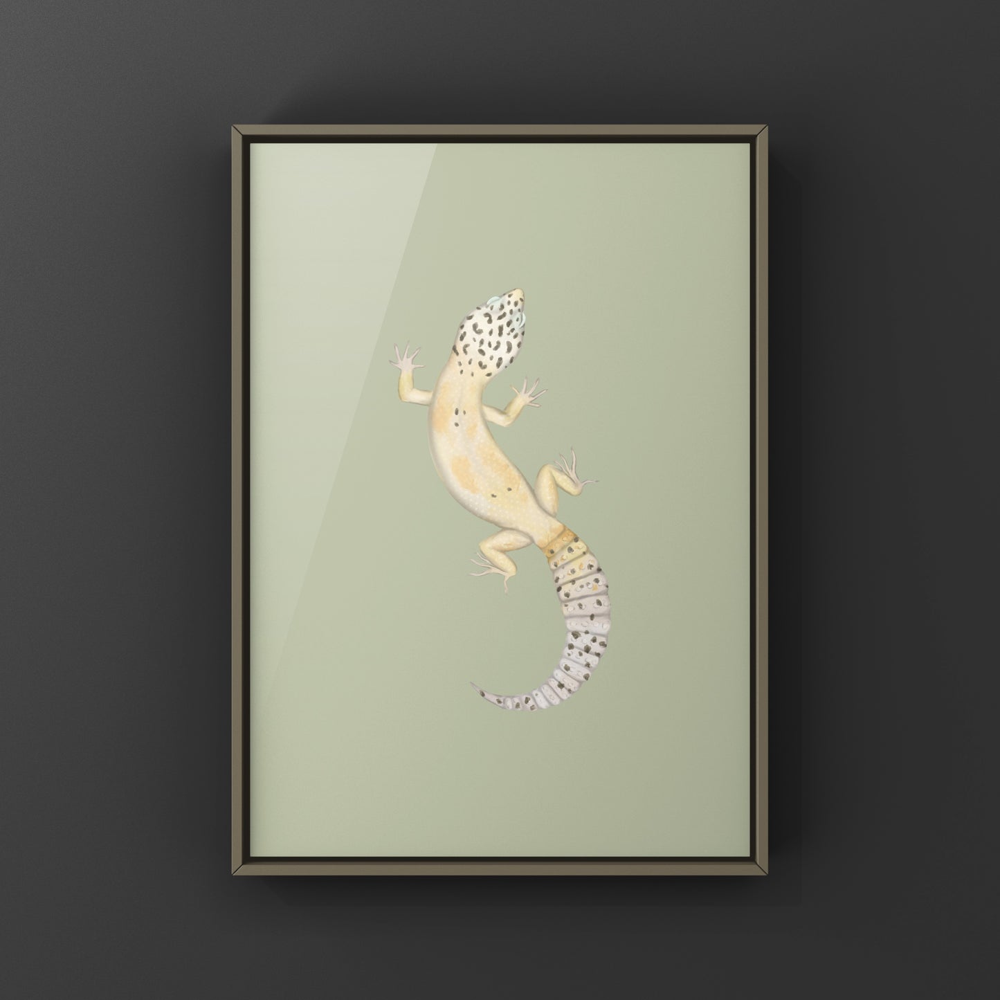 Ghost leopard gecko art print by The Silk Ranch, featuring detailed illustrations of Eublepharis macularius on textured paper.