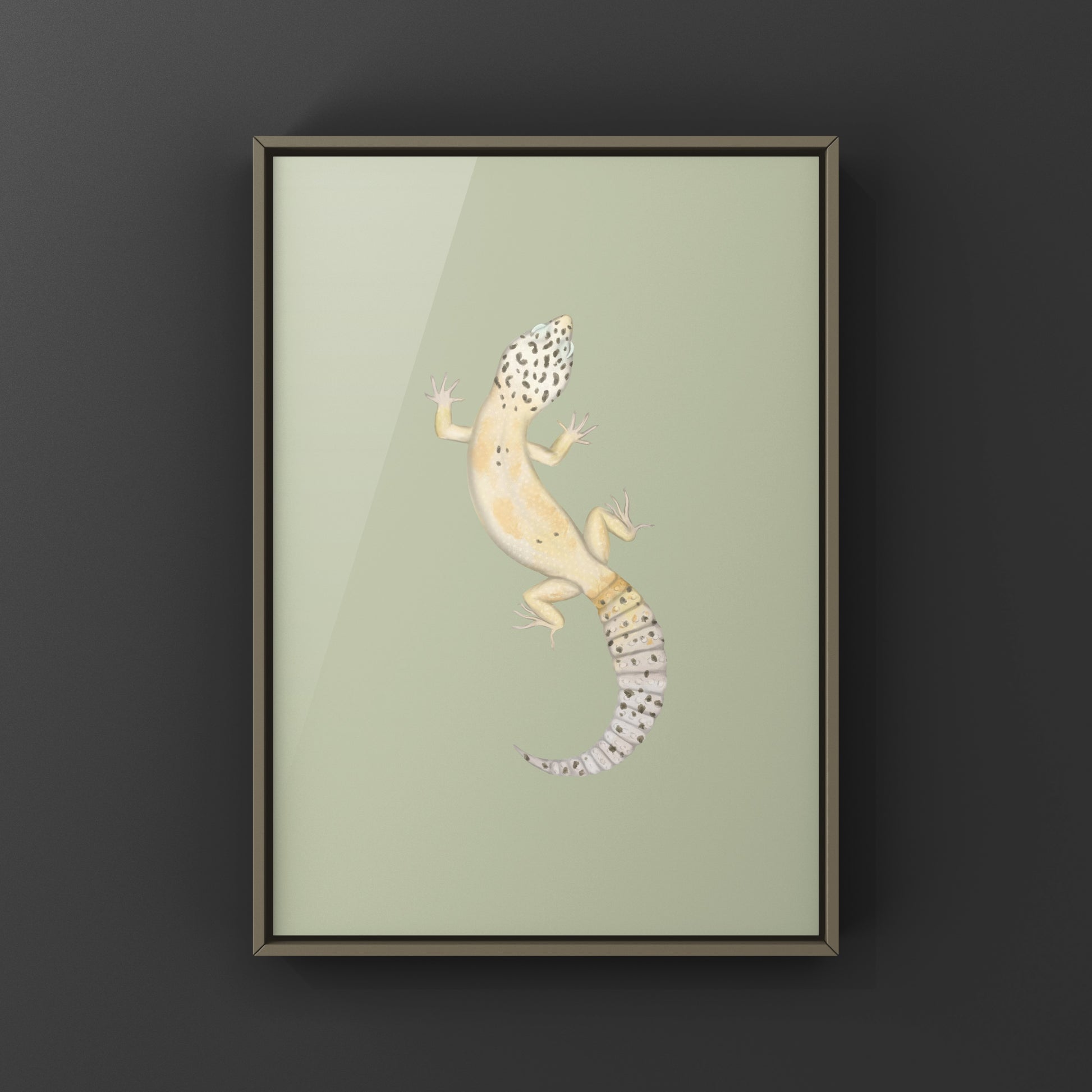 Ghost leopard gecko art print by The Silk Ranch, featuring detailed illustrations of Eublepharis macularius on textured paper.