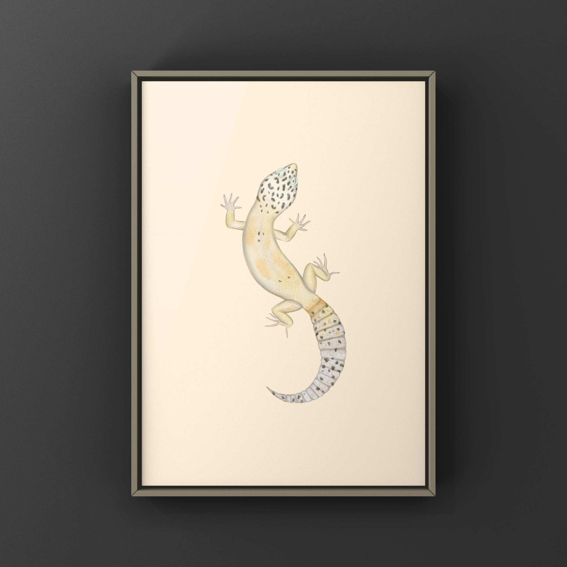Ghost leopard gecko art print featuring a detailed illustration of Eublepharis macularius on high-quality paper.