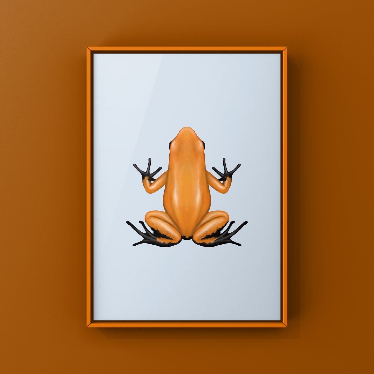Orange and black Golden Poison Frog art print featuring Phyllobates terribilis, displayed with vibrant colors and detailed illustration.