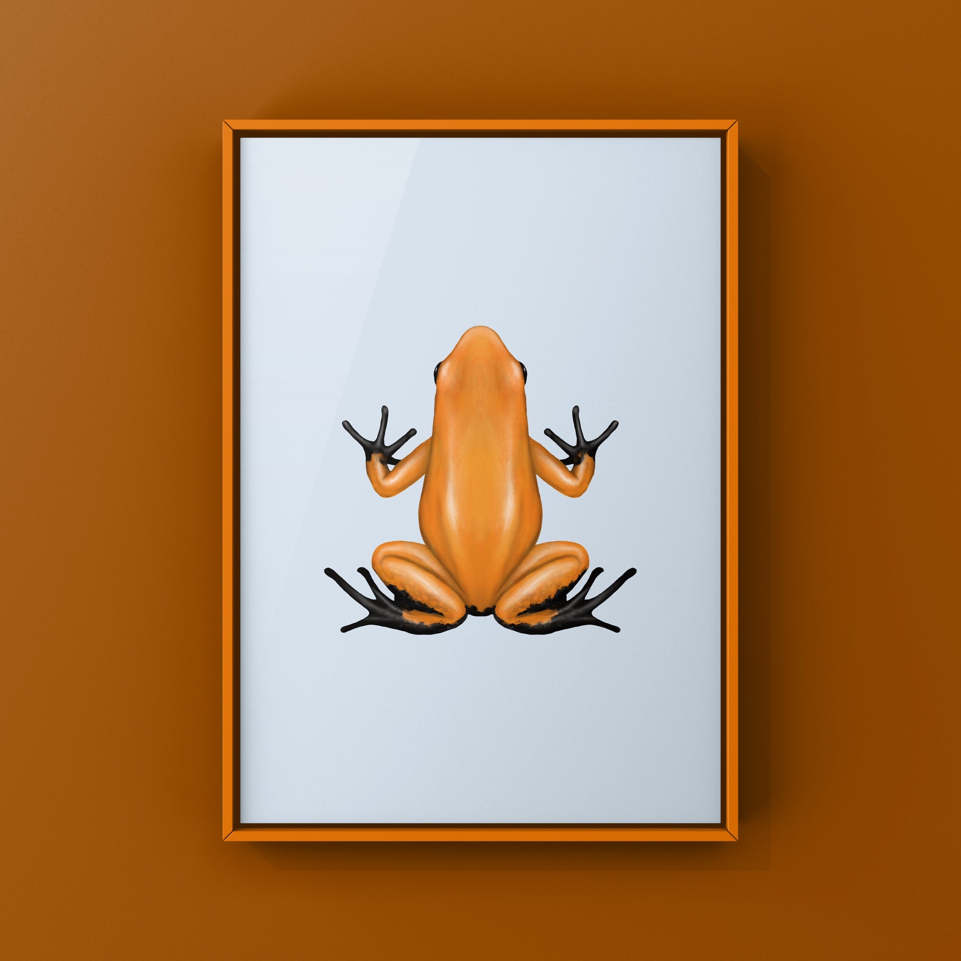 Orange and black Golden Poison Frog art print featuring Phyllobates terribilis, displayed with vibrant colors and detailed illustration.