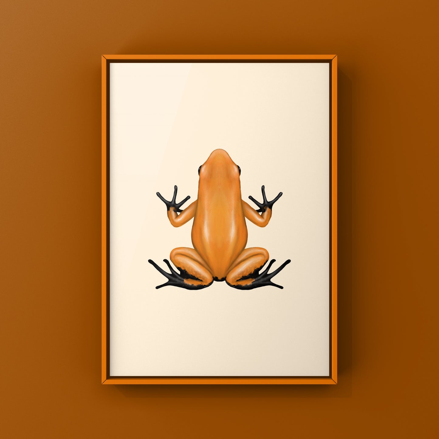 Orange and black Footed Golden Poison Frog art print by The Silk Ranch showing detailed, vibrant frog artwork on white background.