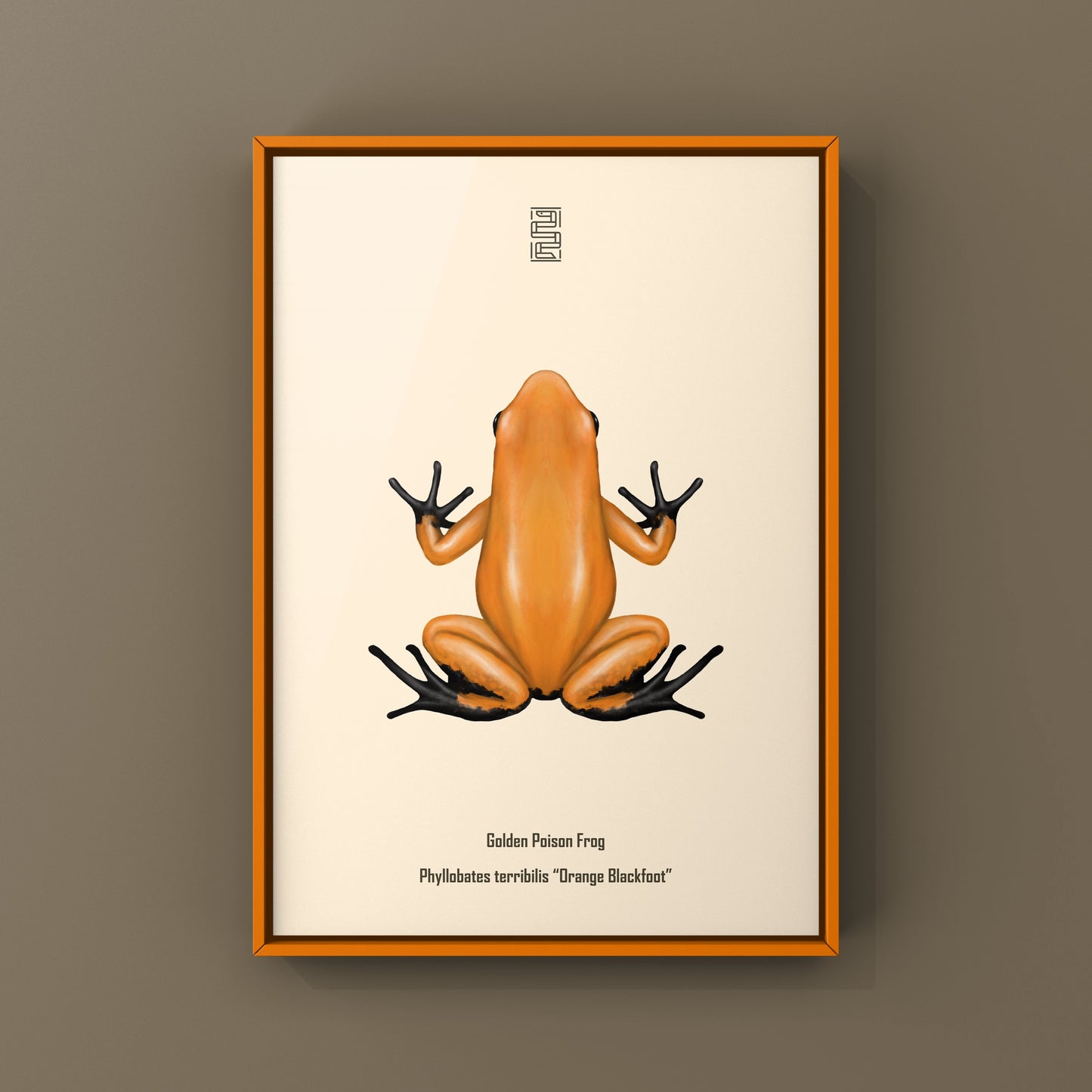 Orange and black Golden Poison Frog art print featuring Phyllobates terribilis, displayed with vibrant colors and detailed design.