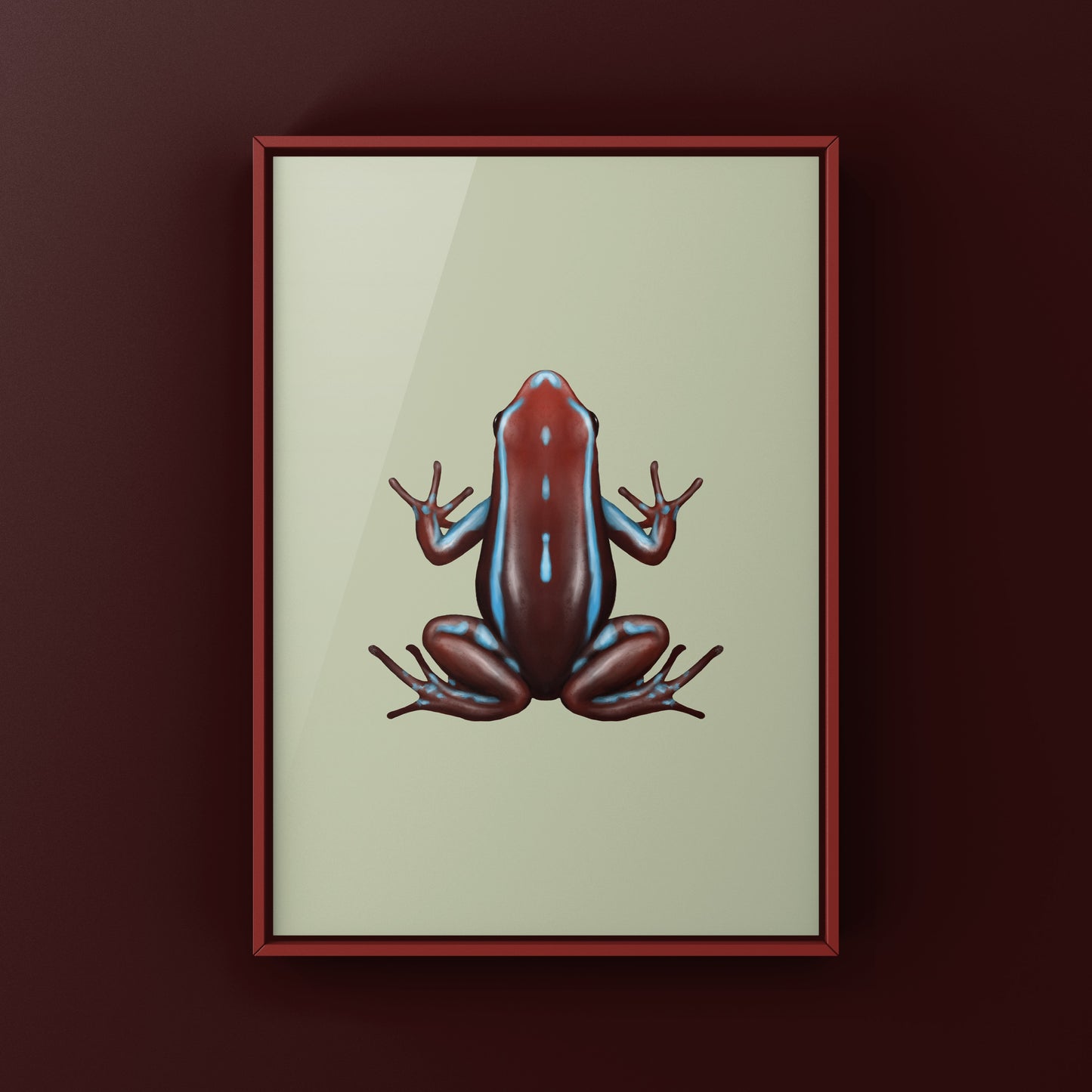 Colorful Ankas Anthony’s Poison Arrow Frog art print by The Silk Ranch, showcasing vibrant green and black frog artwork.