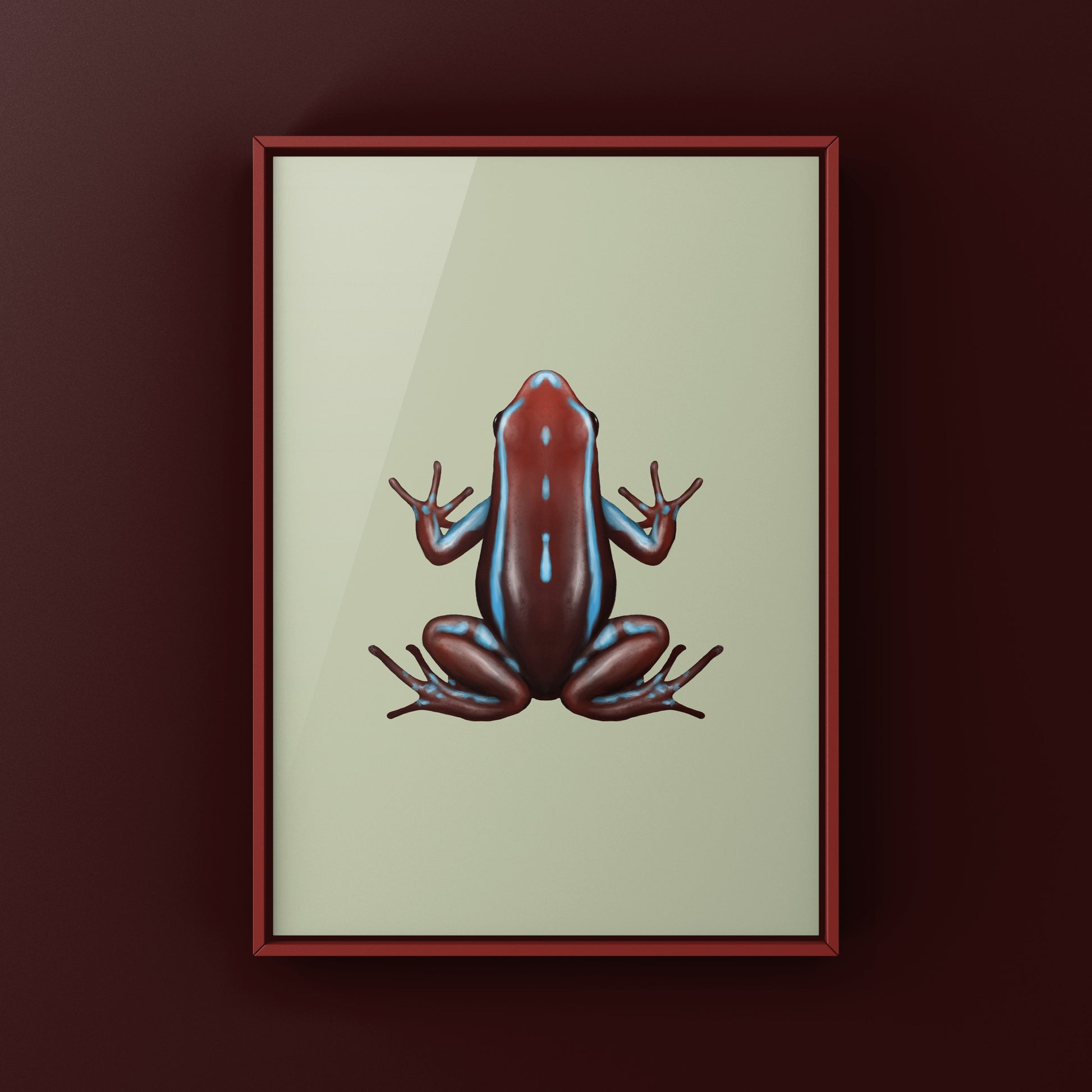 Colorful Ankas Anthony’s Poison Arrow Frog art print by The Silk Ranch, showcasing vibrant green and black frog artwork.