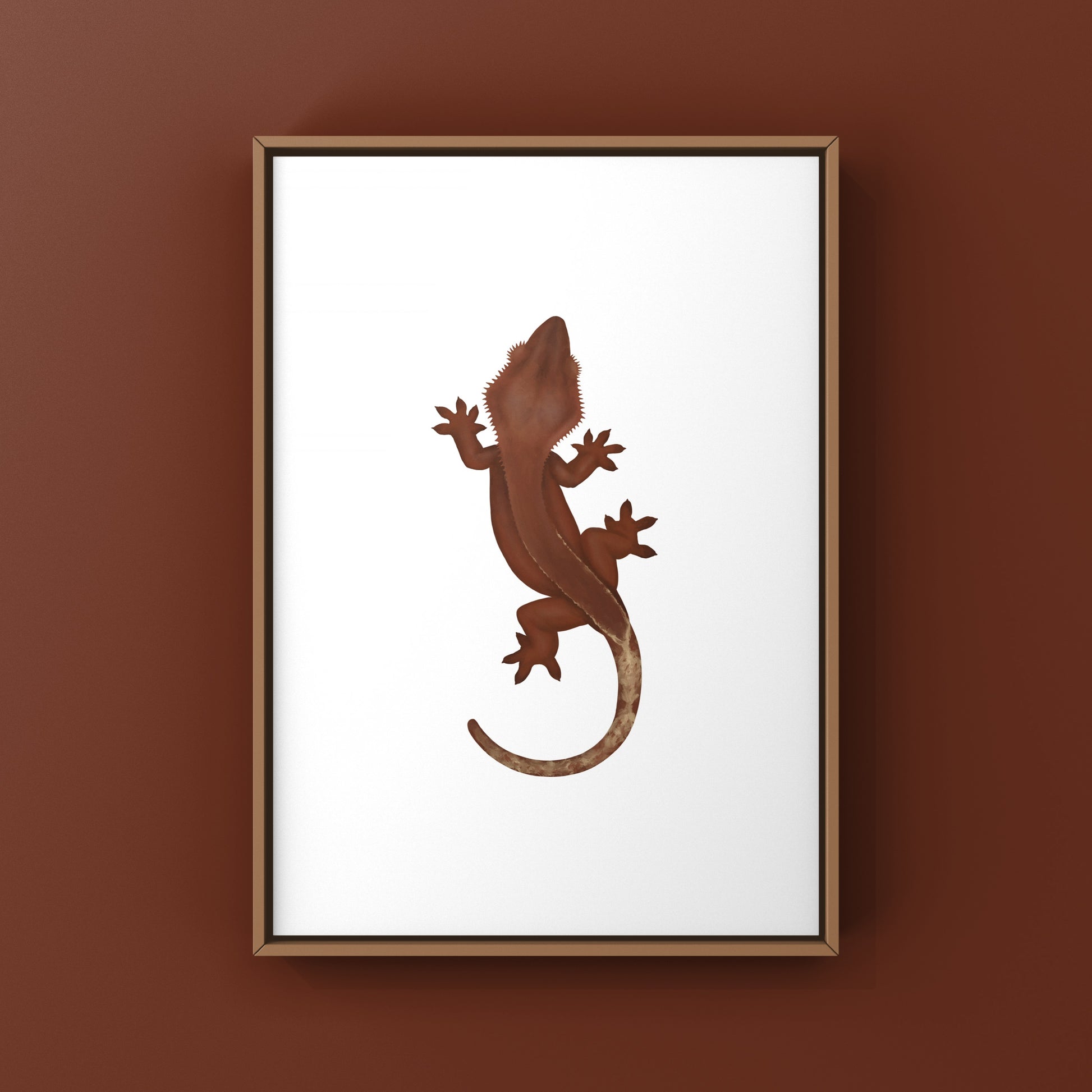 Red base Phantom Crested Gecko art print featuring vibrant colors and detailed illustrations of Correlophus ciliatus.