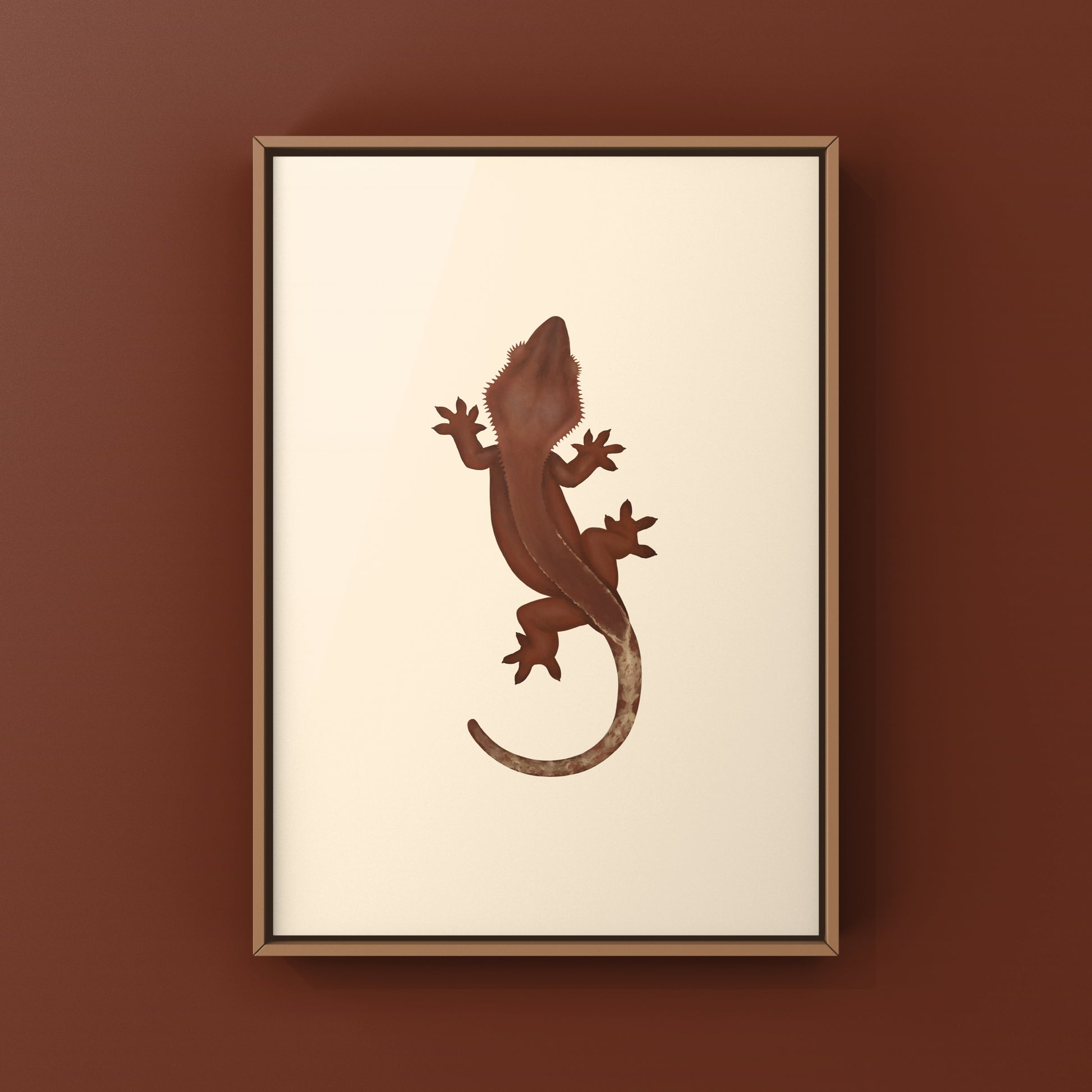 Red base crested gecko art print featuring Correlophus ciliatus by The Silk Ranch, showcasing vibrant colors and detailed design.