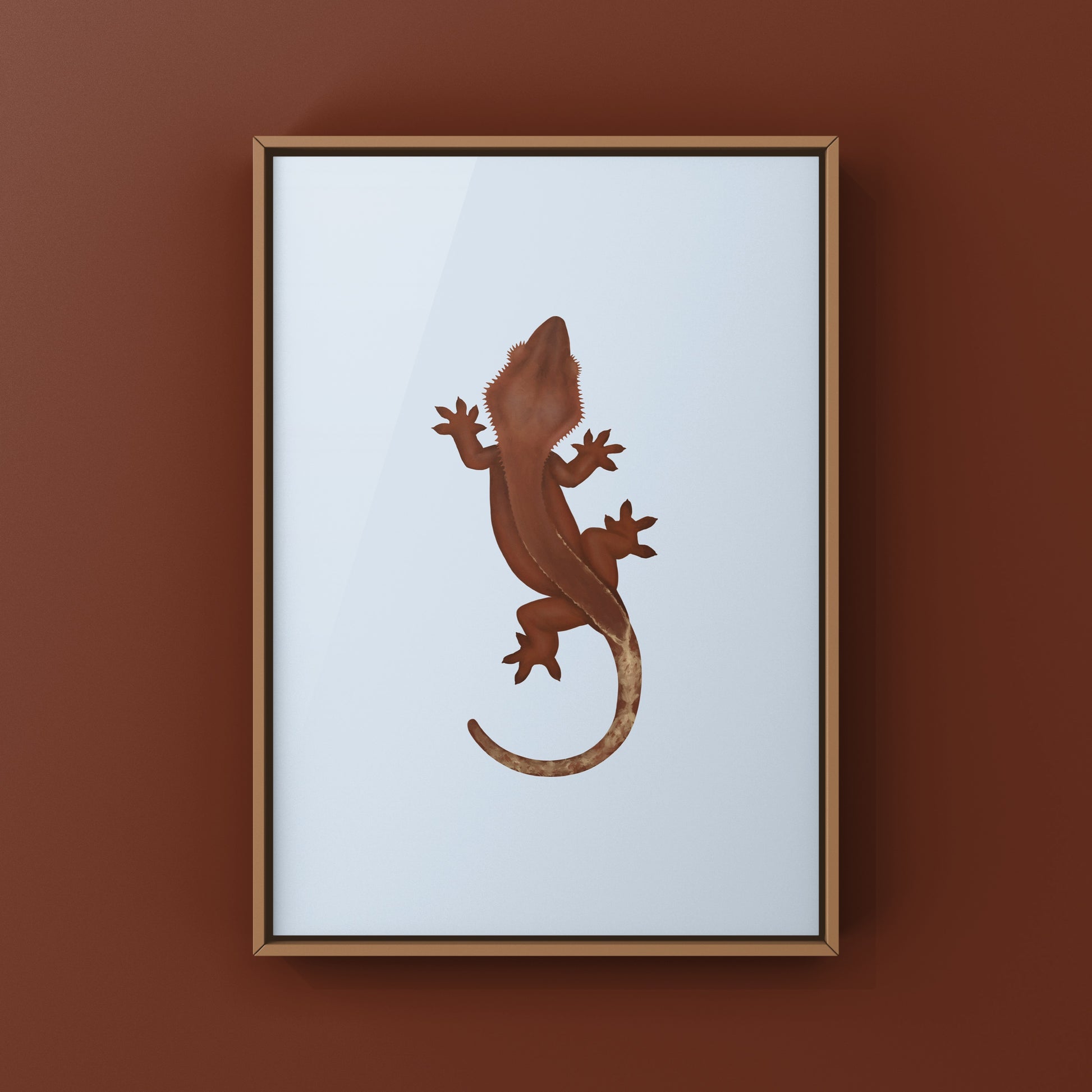 Red Base Phantom Crested Gecko art print by The Silk Ranch featuring detailed illustrations of Correlophus ciliatus on white background.