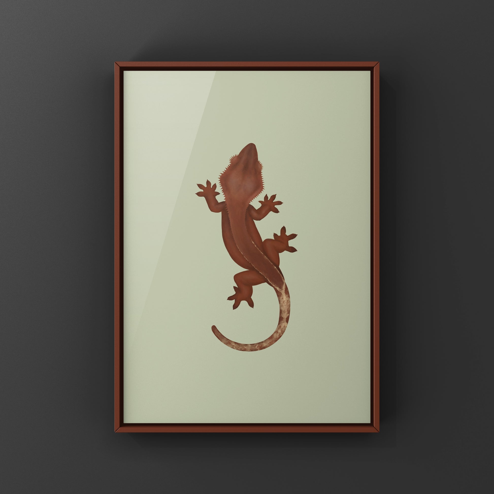 Red Base Phantom Crested Gecko art print featuring detailed illustrations of Correlophus ciliatus by The Silk Ranch