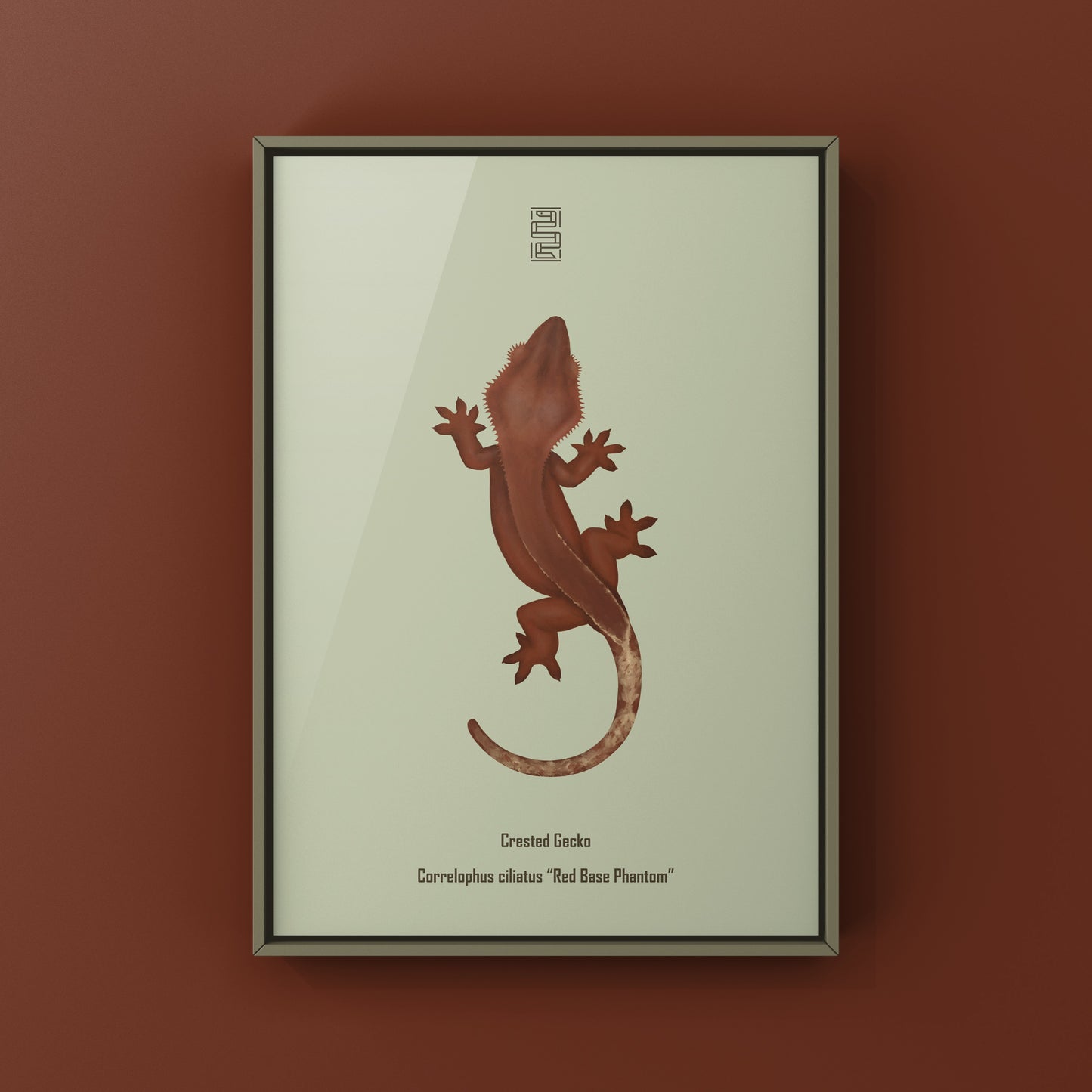 Red base Phantom Crested Gecko art print featuring detailed illustration of Correlophus ciliatus by The Silk Ranch.