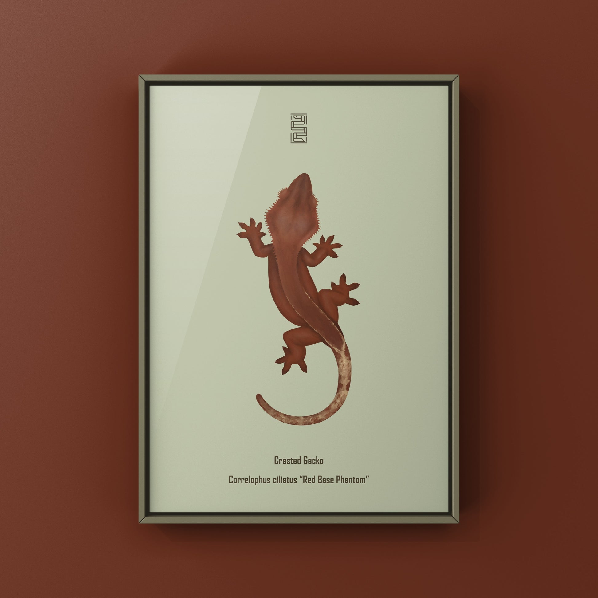 Red base Phantom Crested Gecko art print featuring detailed illustration of Correlophus ciliatus by The Silk Ranch.