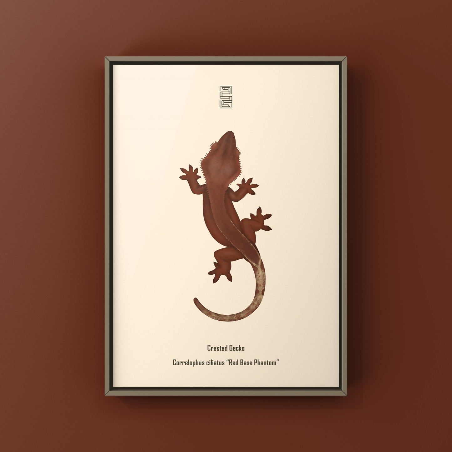 Red base Phantom Crested Gecko art print featuring Correlophus ciliatus by The Silk Ranch, showcasing detailed reptile illustration.