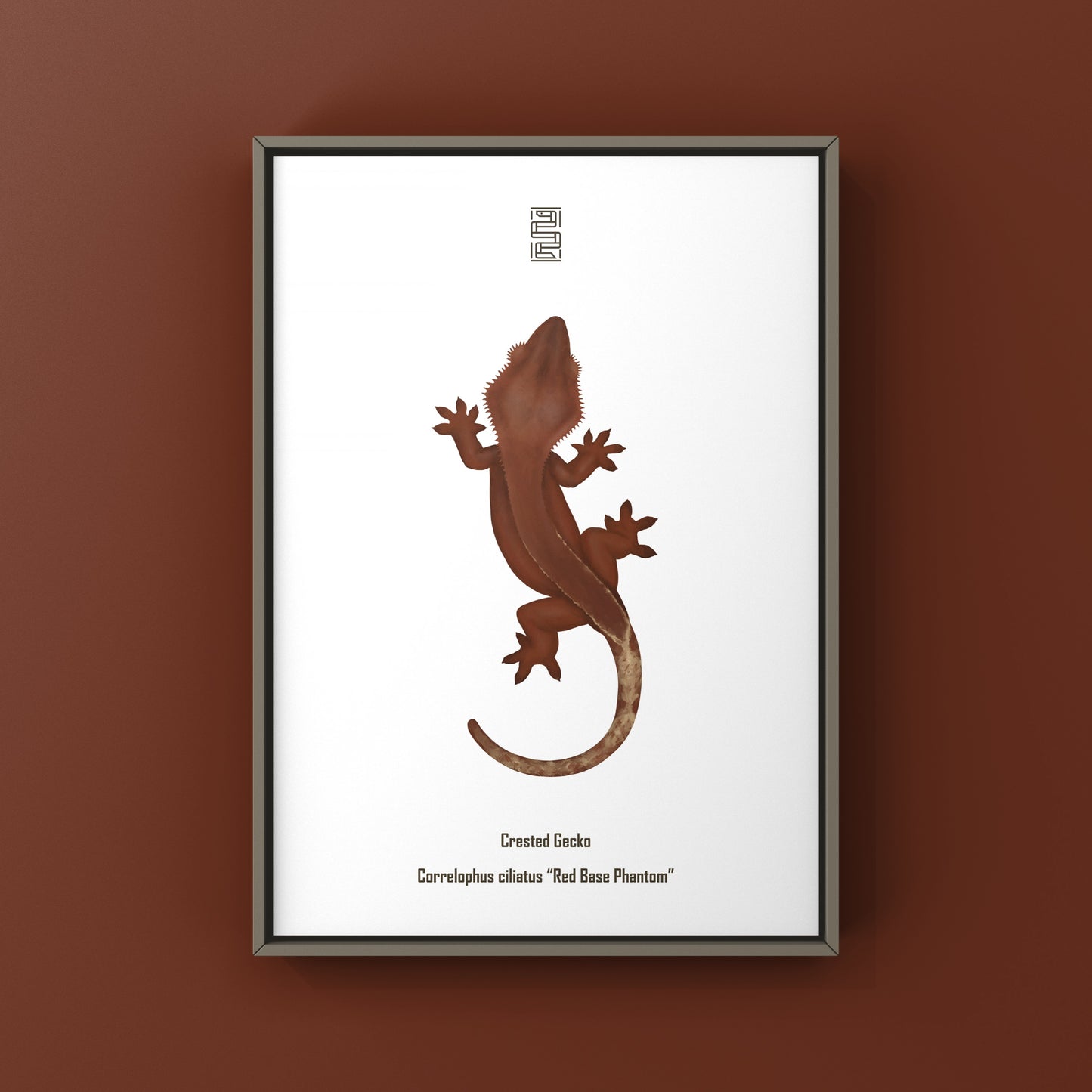 Red Base Phantom Crested Gecko art print by The Silk Ranch depicting a colorful Correlophus ciliatus on a white background.