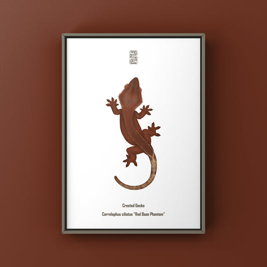 Red Base Phantom Crested Gecko art print by The Silk Ranch depicting a colorful Correlophus ciliatus on a white background.