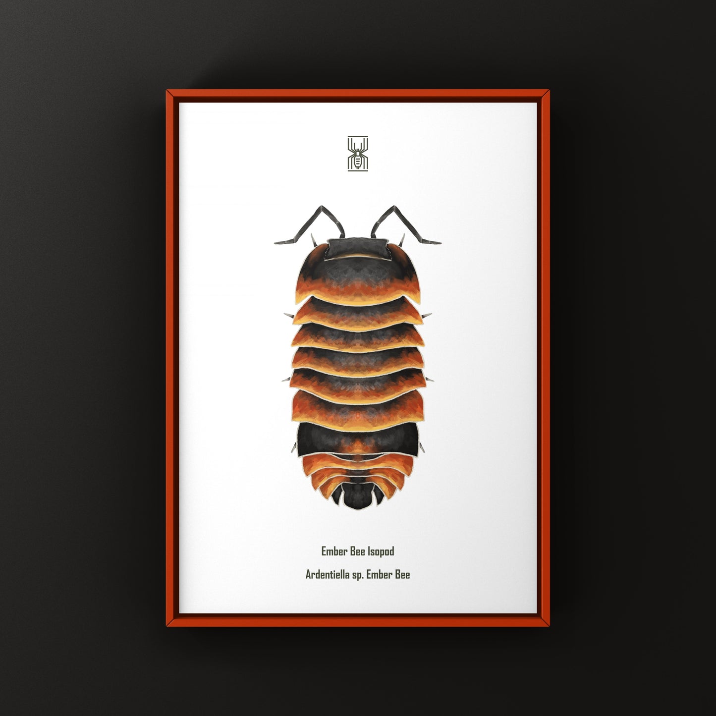 Ember Bee Isopod Ardentiella sp. art print featuring detailed illustration of the tiny, colorful isopod on textured paper.