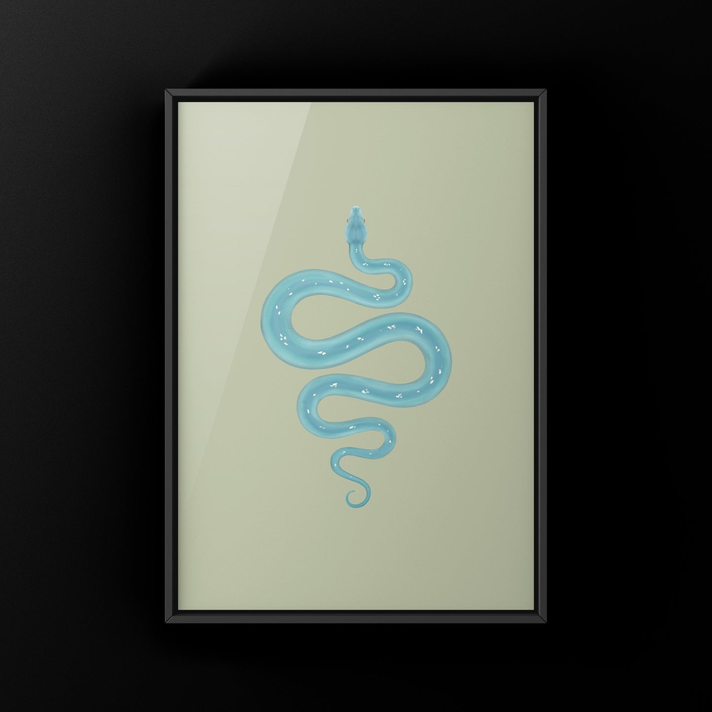 High Blue Green Tree Python art print by The Silk Ranch featuring a vibrant Morelia viridis snake illustration.