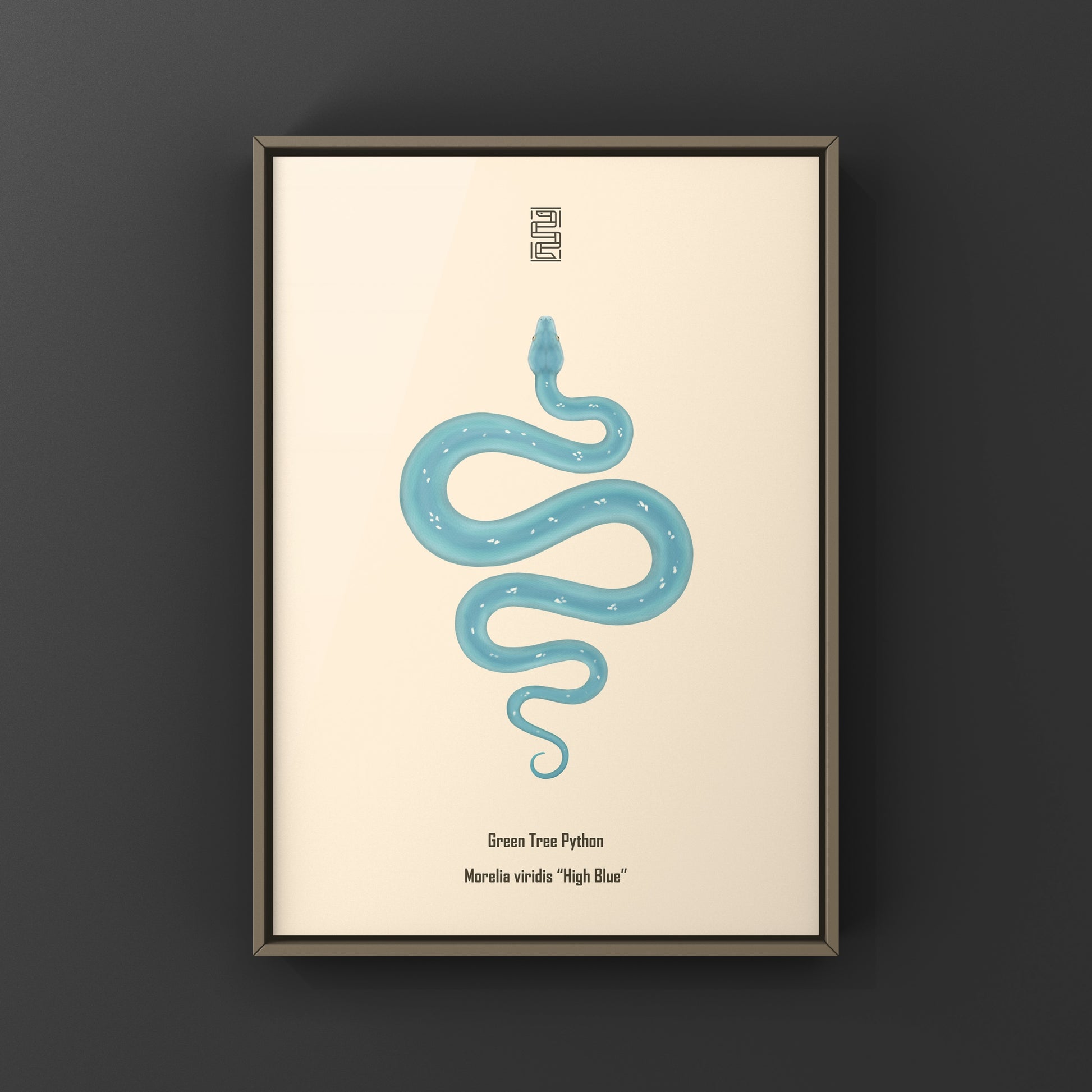 High Blue Green Tree Python art print by The Silk Ranch, depicting a vibrant Morelia viridis snake illustration.