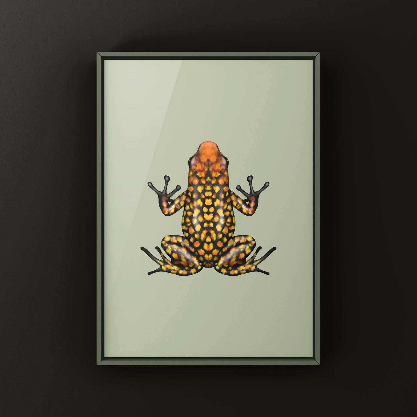 Colorful Fuego Harlequin Poison Frog art print by The Silk Ranch, showcasing vibrant amphibian details on high-quality paper.