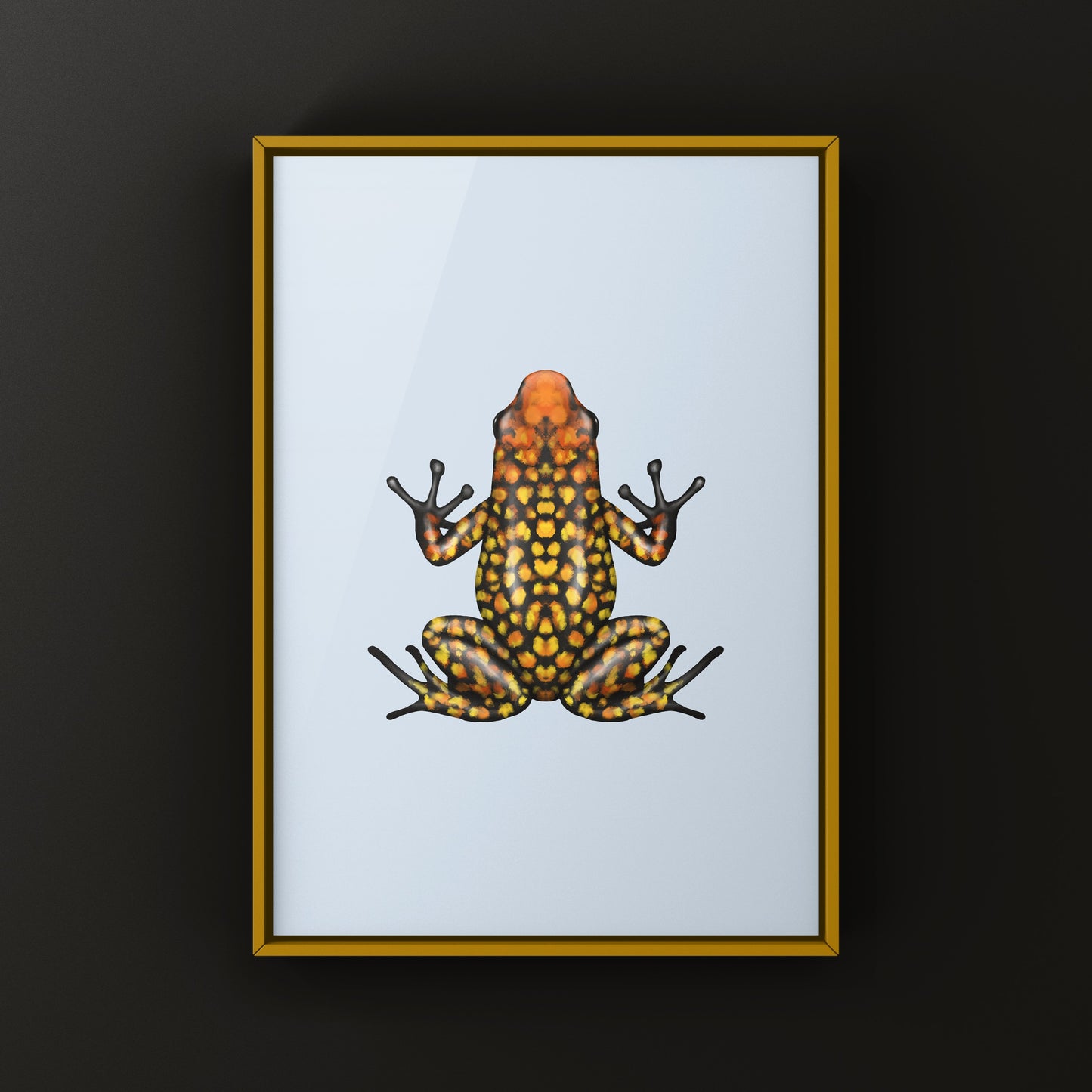 Colorful Fuego Harlequin Poison Frog art print by The Silk Ranch, showcasing vibrant amphibian illustrations on high-quality paper.