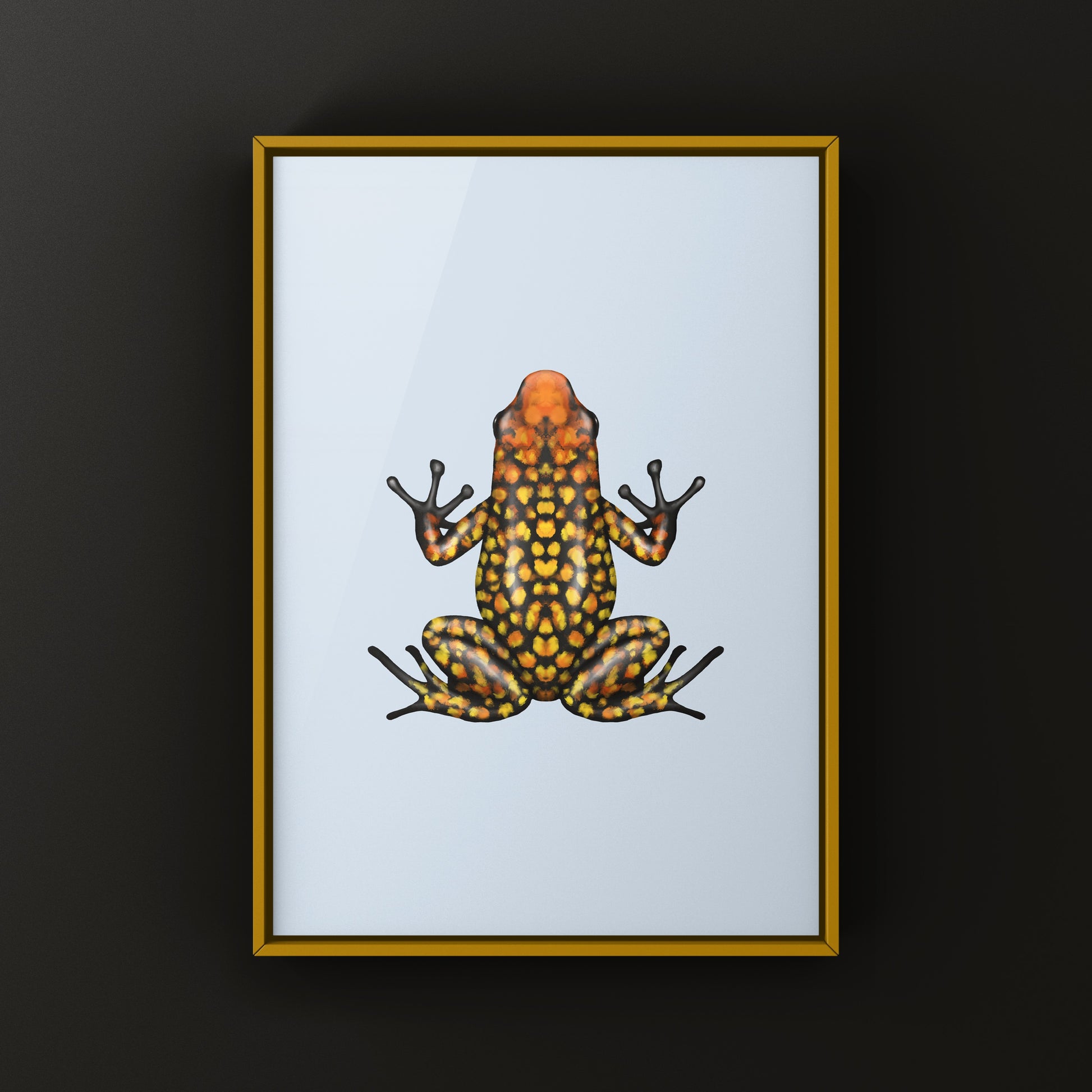 Colorful Fuego Harlequin Poison Frog art print by The Silk Ranch, showcasing vibrant amphibian illustrations on high-quality paper.