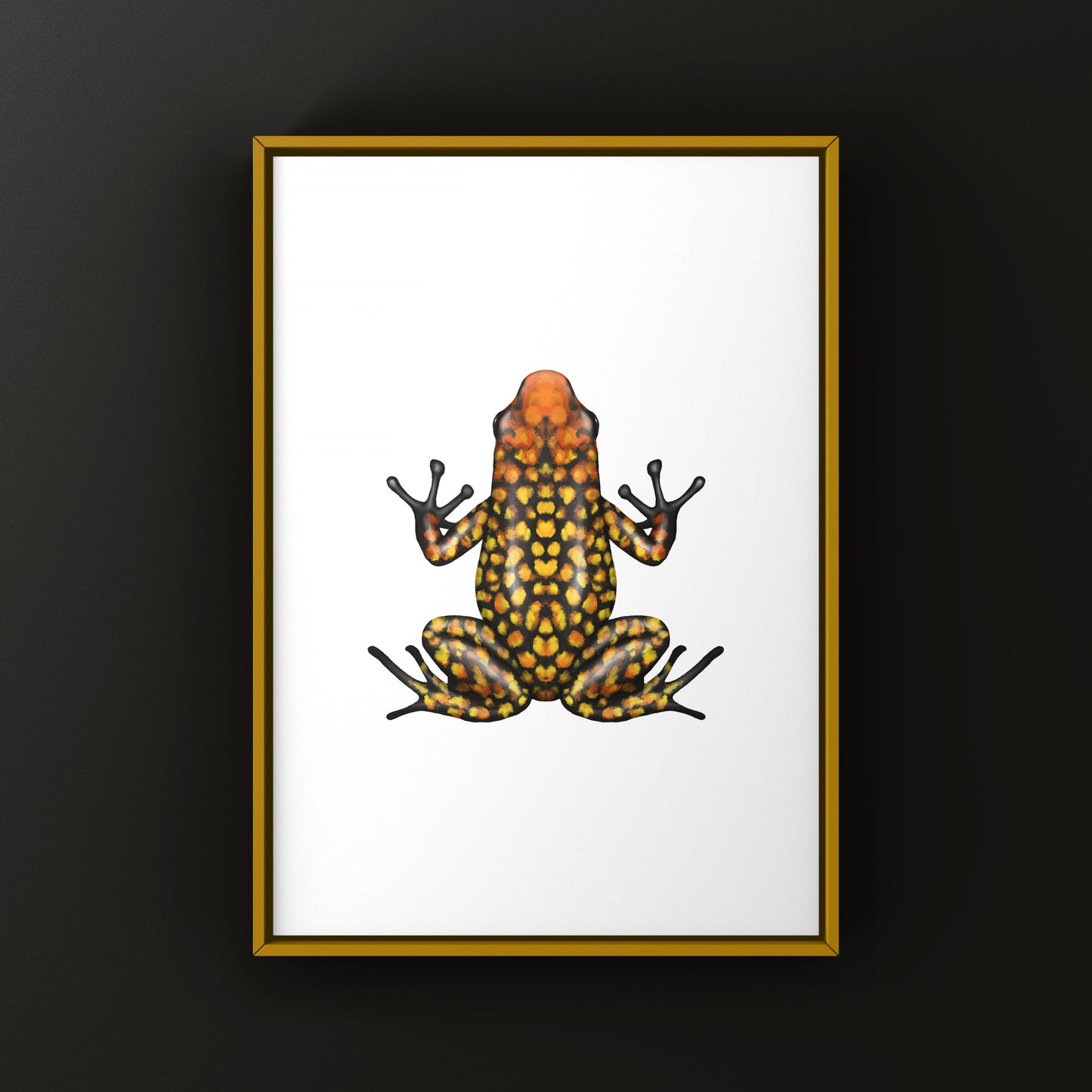 Colorful Fuego Harlequin Poison Frog art print by The Silk Ranch, showcasing vibrant amphibian details on high-quality paper.