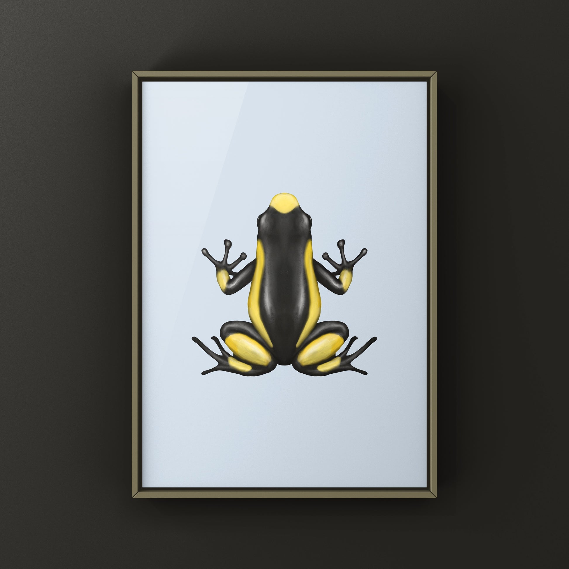 Yellow Harlequin Poison Frog art print by Saddleback, featuring vibrant colors and detailed illustration of Oophaga histrionica.