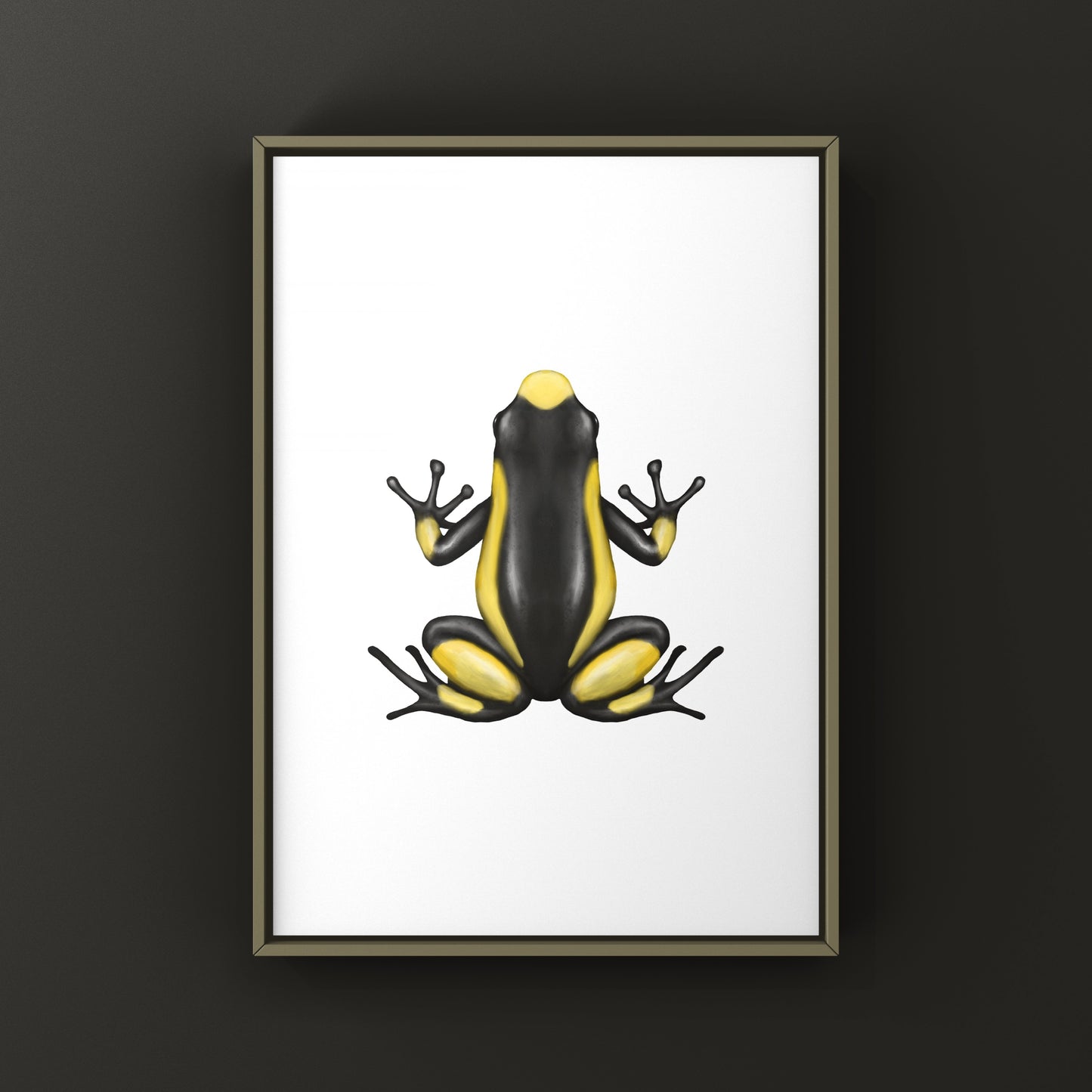 Colorful Saddleback Yellow Harlequin Poison Frog art print by The Silk Ranch, showcasing vibrant Oophaga histrionica details.