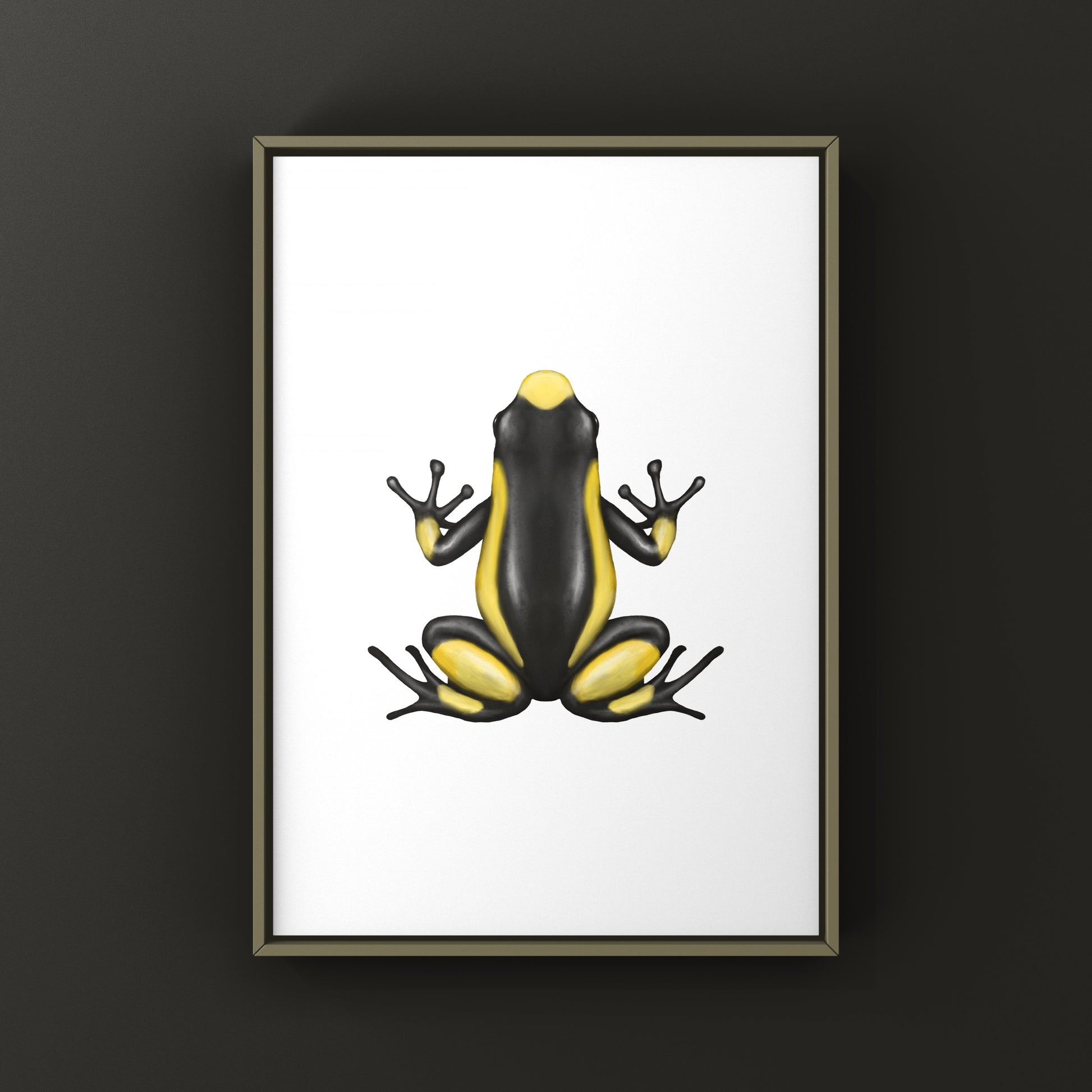 Colorful Saddleback Yellow Harlequin Poison Frog art print by The Silk Ranch, showcasing vibrant Oophaga histrionica details.