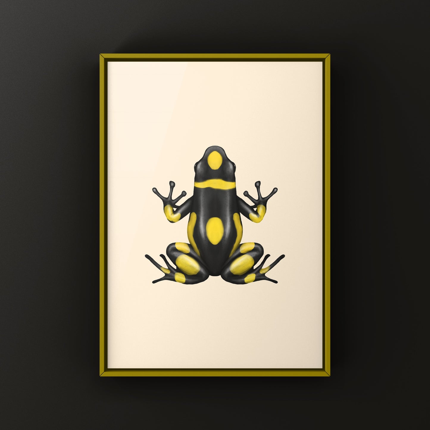 Colorful Playa de Oro Harlequin Poison Frog art print by The Silk Ranch, showcasing vibrant amphibian details on textured paper.
