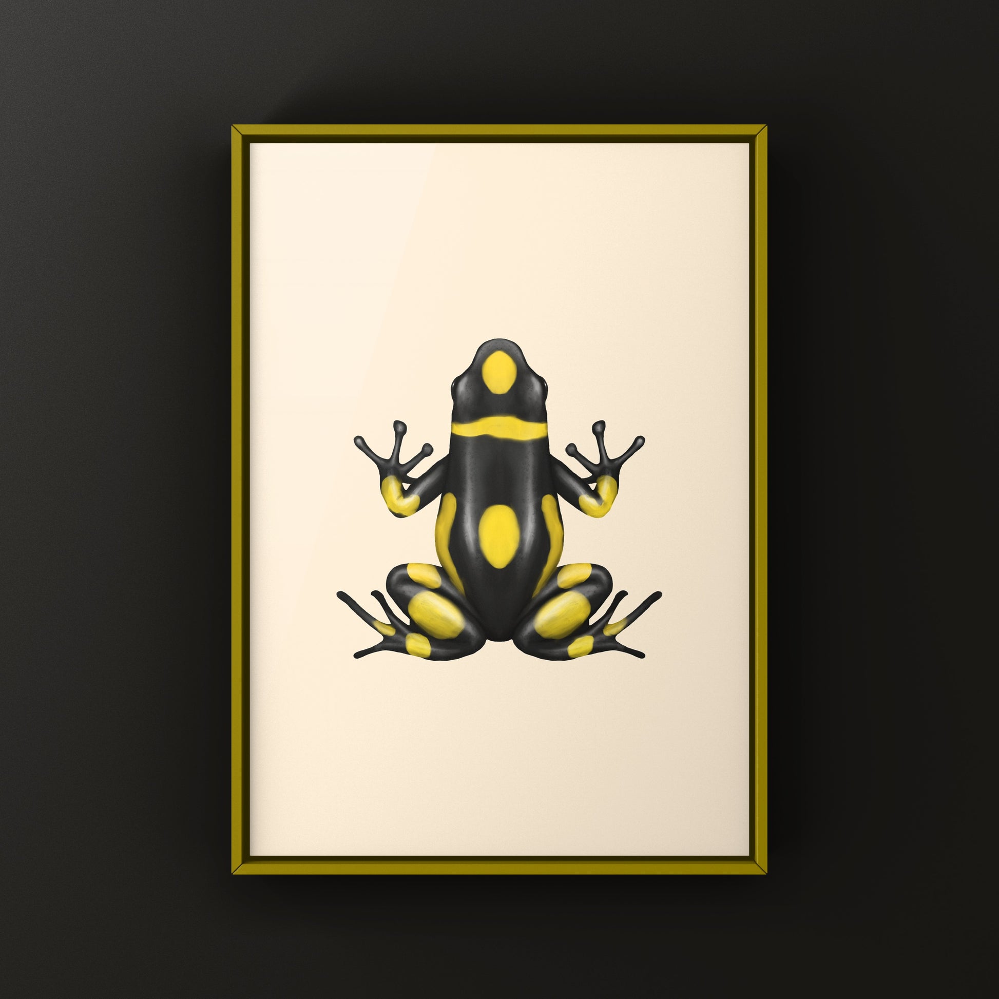 Colorful Playa de Oro Harlequin Poison Frog art print by The Silk Ranch, showcasing vibrant amphibian details on textured paper.