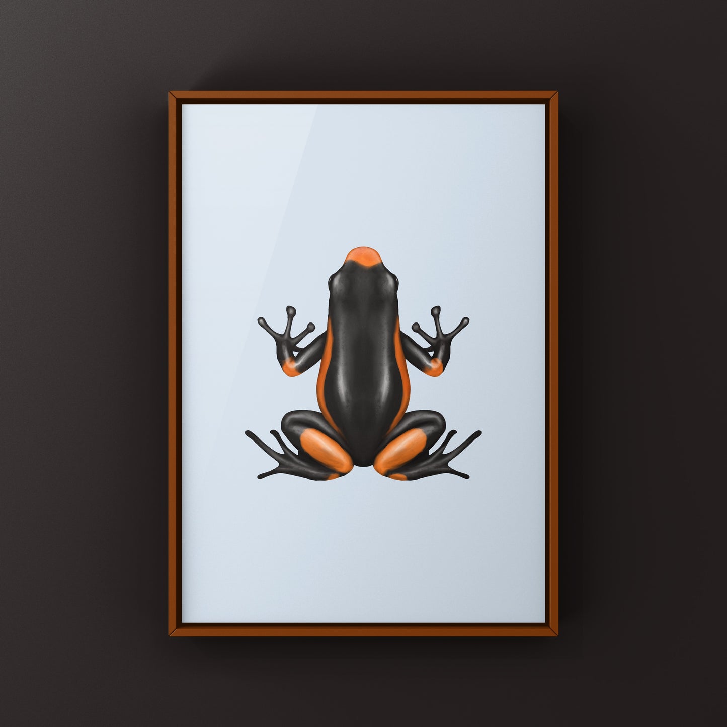 Colorful Saddleback Orange Harlequin Poison Frog art print by The Silk Ranch, showcasing vibrant orange and black frog details.