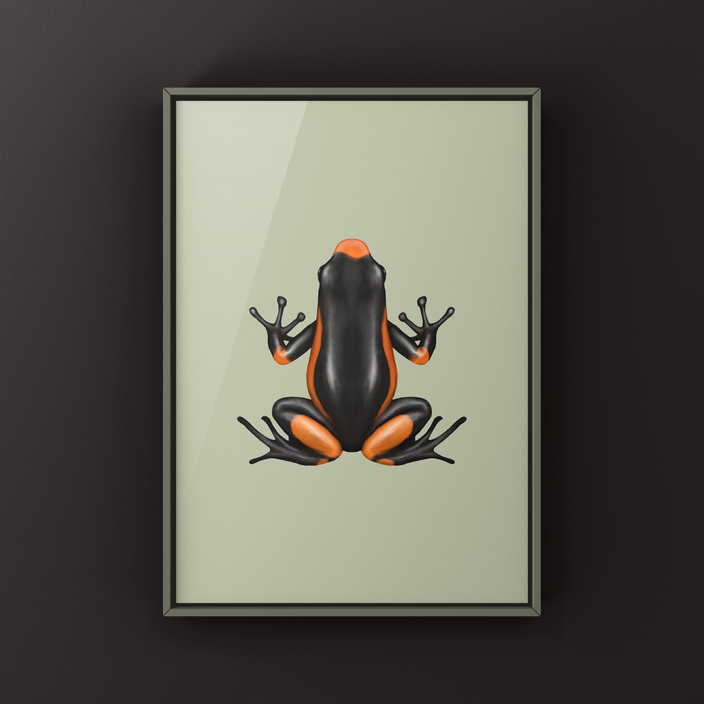 Colorful Saddleback Orange Harlequin Poison Frog art print by The Silk Ranch showcasing vibrant amphibian artwork.