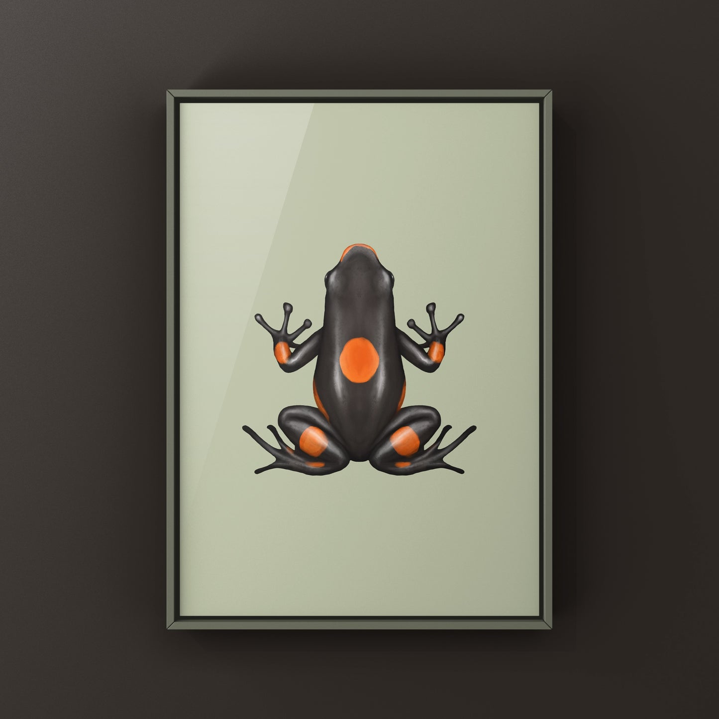 Bullseye Brown Harlequin Poison Frog art print by The Silk Ranch, featuring vibrant brown and orange frog illustration.