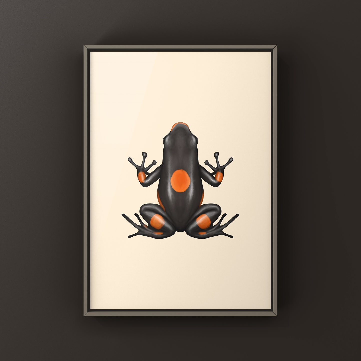 Colorful Bullseye Brown Harlequin Poison Frog art print by The Silk Ranch, showcasing vibrant amphibian details.