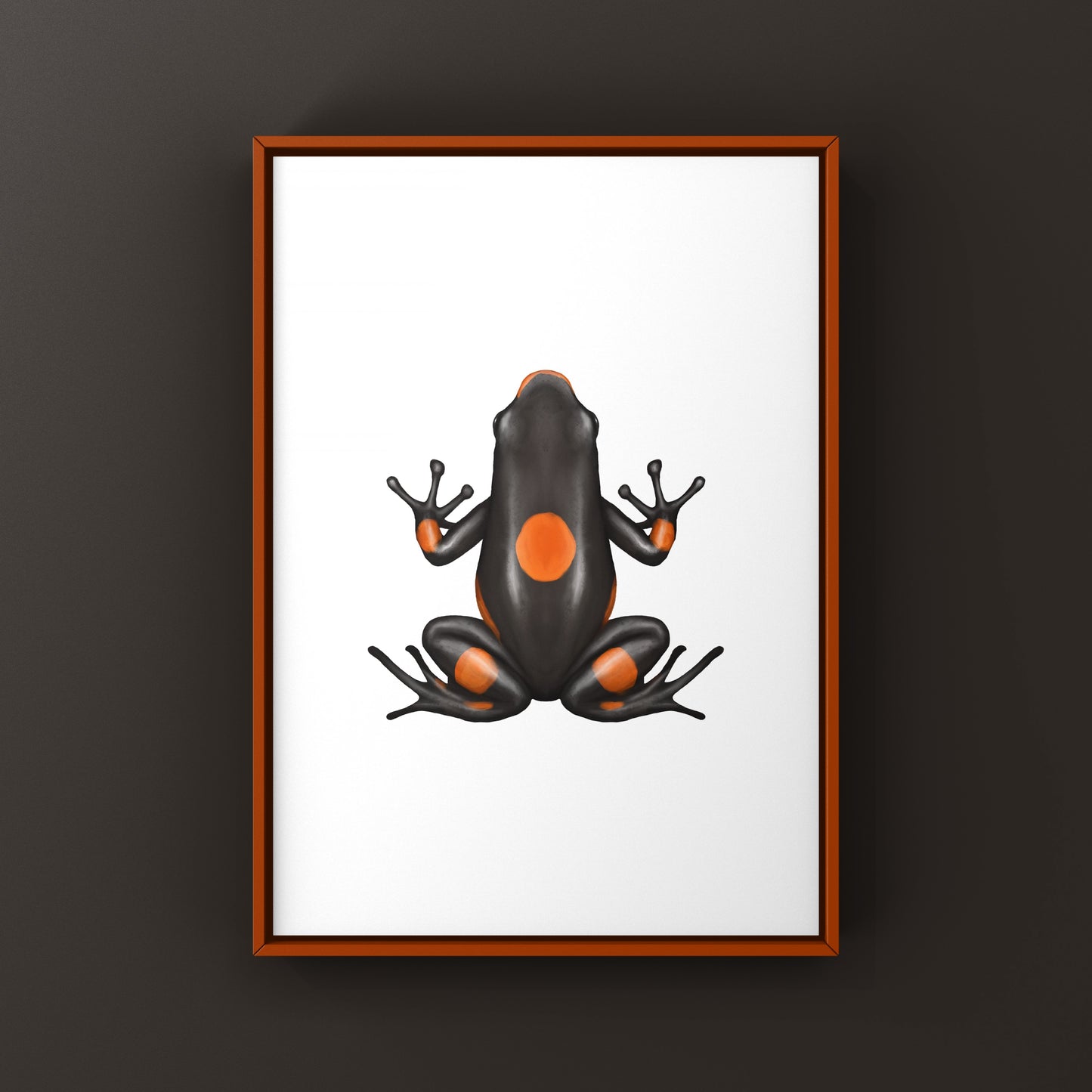 Bullseye Brown Harlequin Poison Frog art print featuring vibrant colors and detailed illustration of Oophaga histrionica.