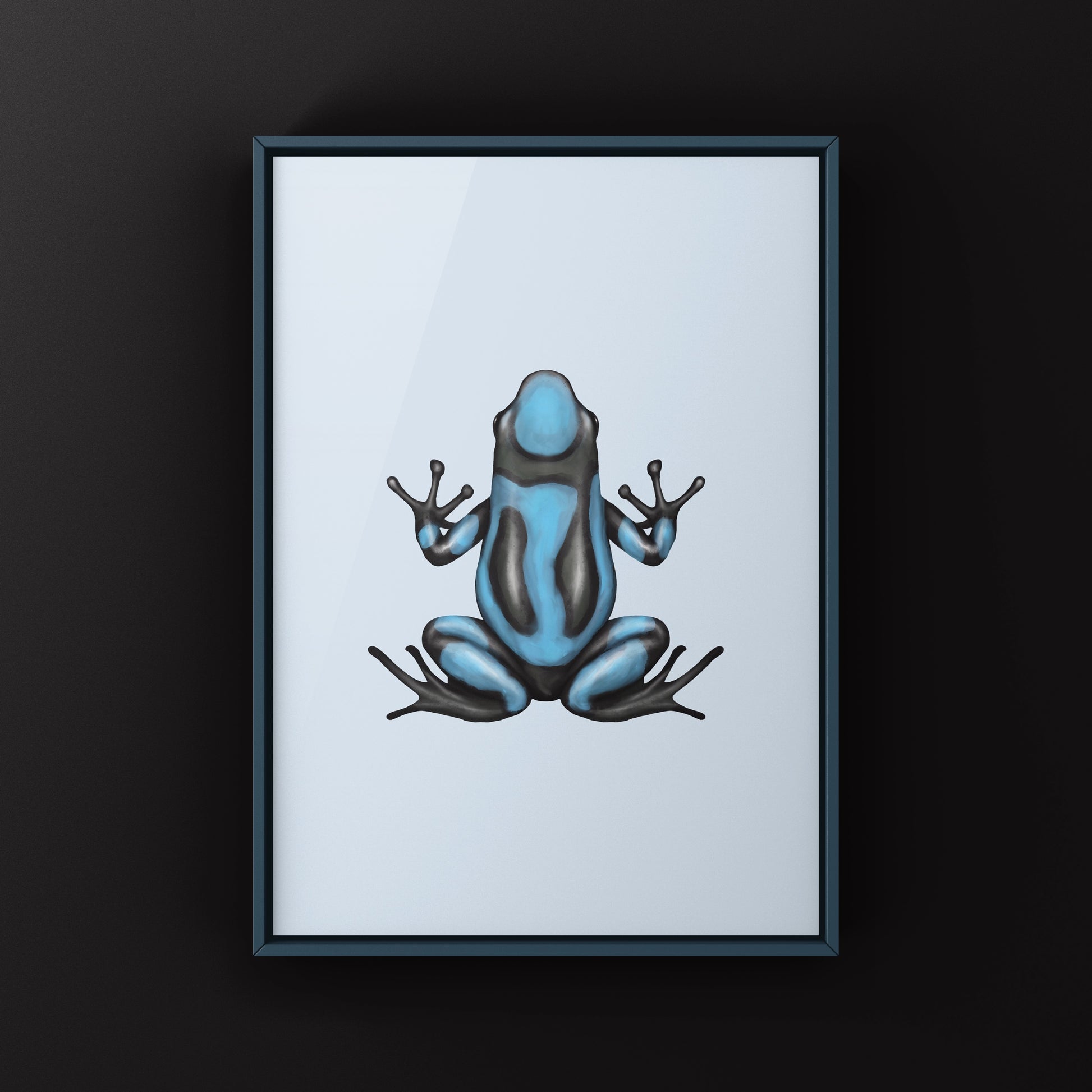 Blue Harlequin Poison Frog art print by The Silk Ranch, featuring vibrant blue and black patterned frog illustration.