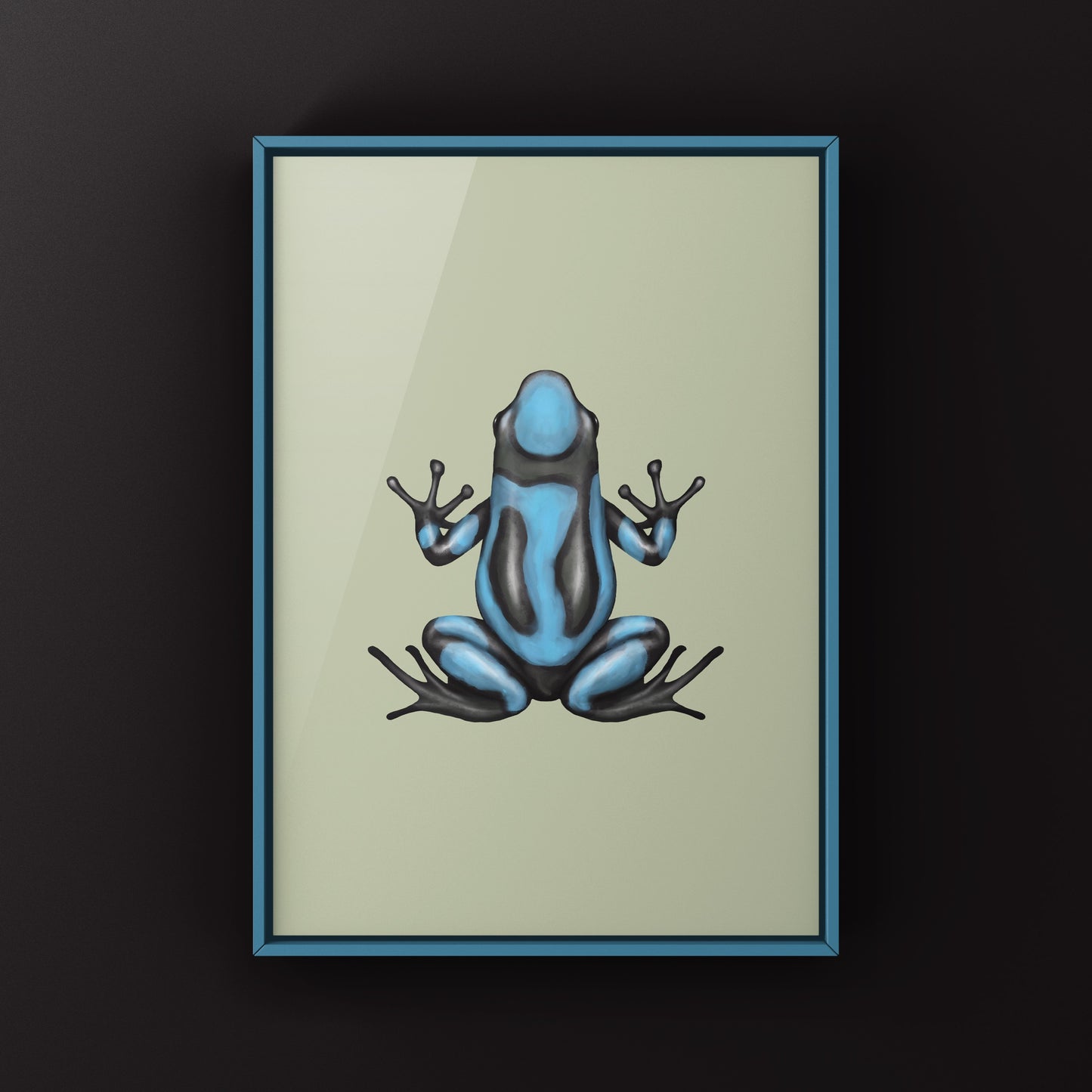 Blue Harlequin Poison Frog art print by The Silk Ranch showcasing vibrant blue and black frog details on high-quality paper.
