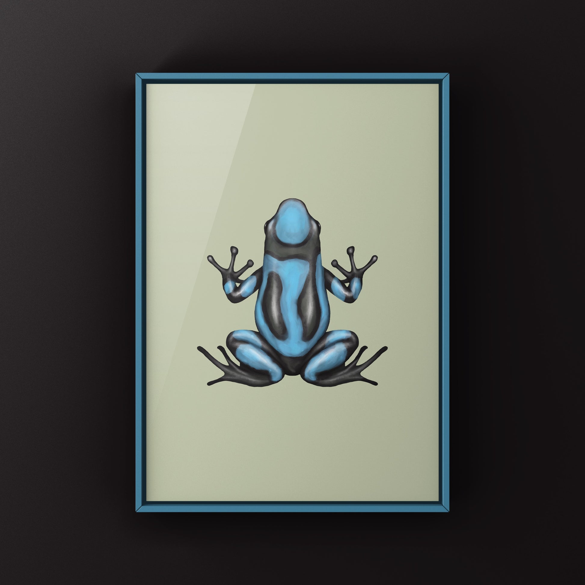 Blue Harlequin Poison Frog art print by The Silk Ranch showcasing vibrant blue and black frog details on high-quality paper.