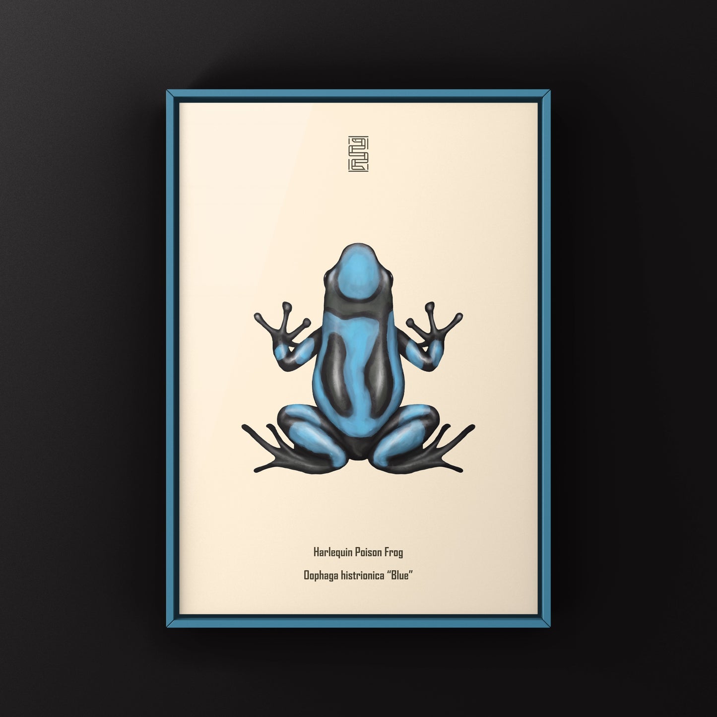 Blue Harlequin Poison Frog art print featuring vibrant blue and black markings, displayed on a white background.