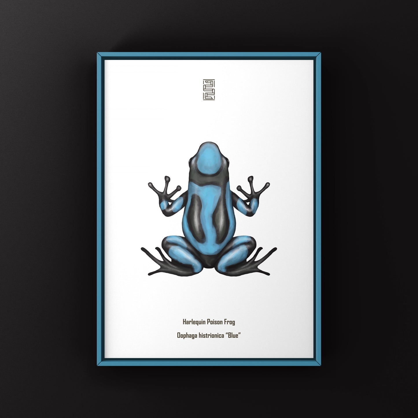 Blue Harlequin Poison Frog art print by The Silk Ranch showing vibrant blue and black patterned frog on white background.