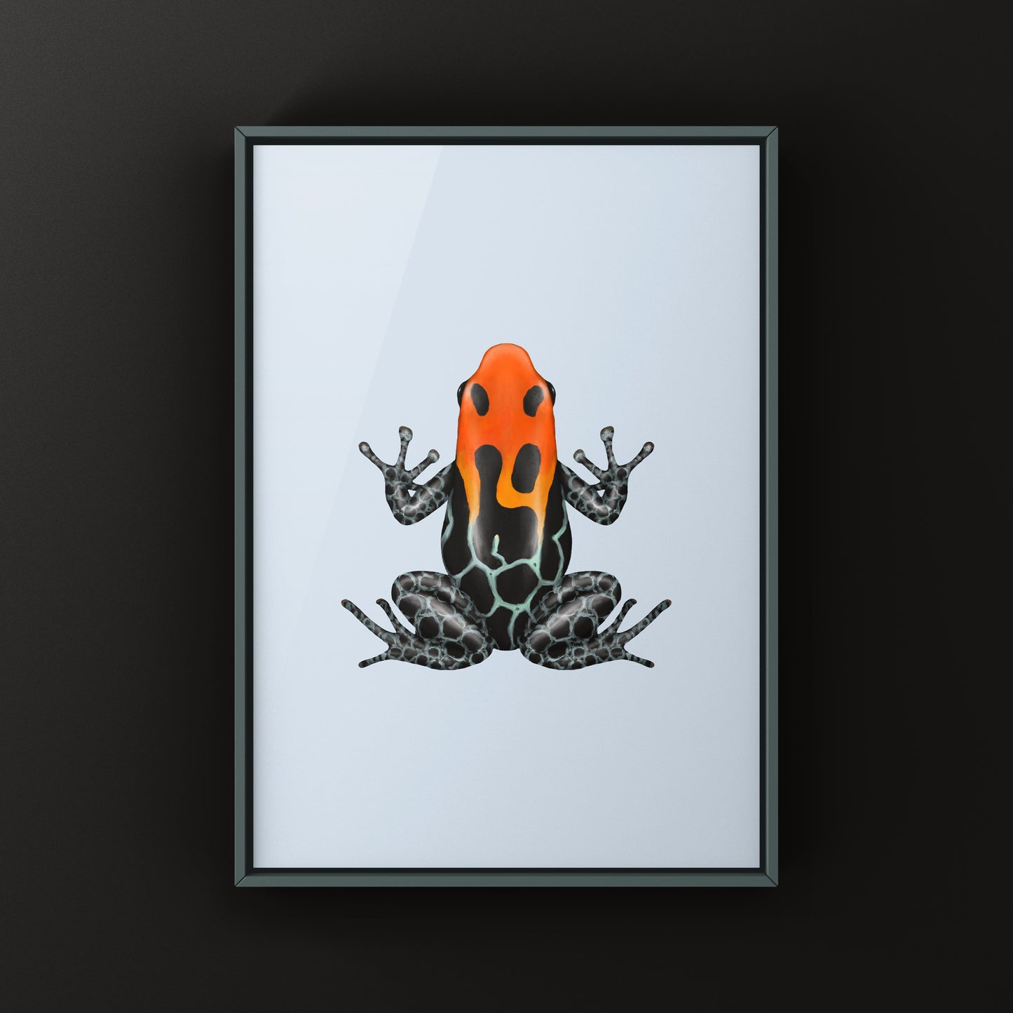 Colorful Amazonian poison frog art print featuring a Ranitomeya amazonica from The Silk Ranch, showcasing vibrant rainforest wildlife.