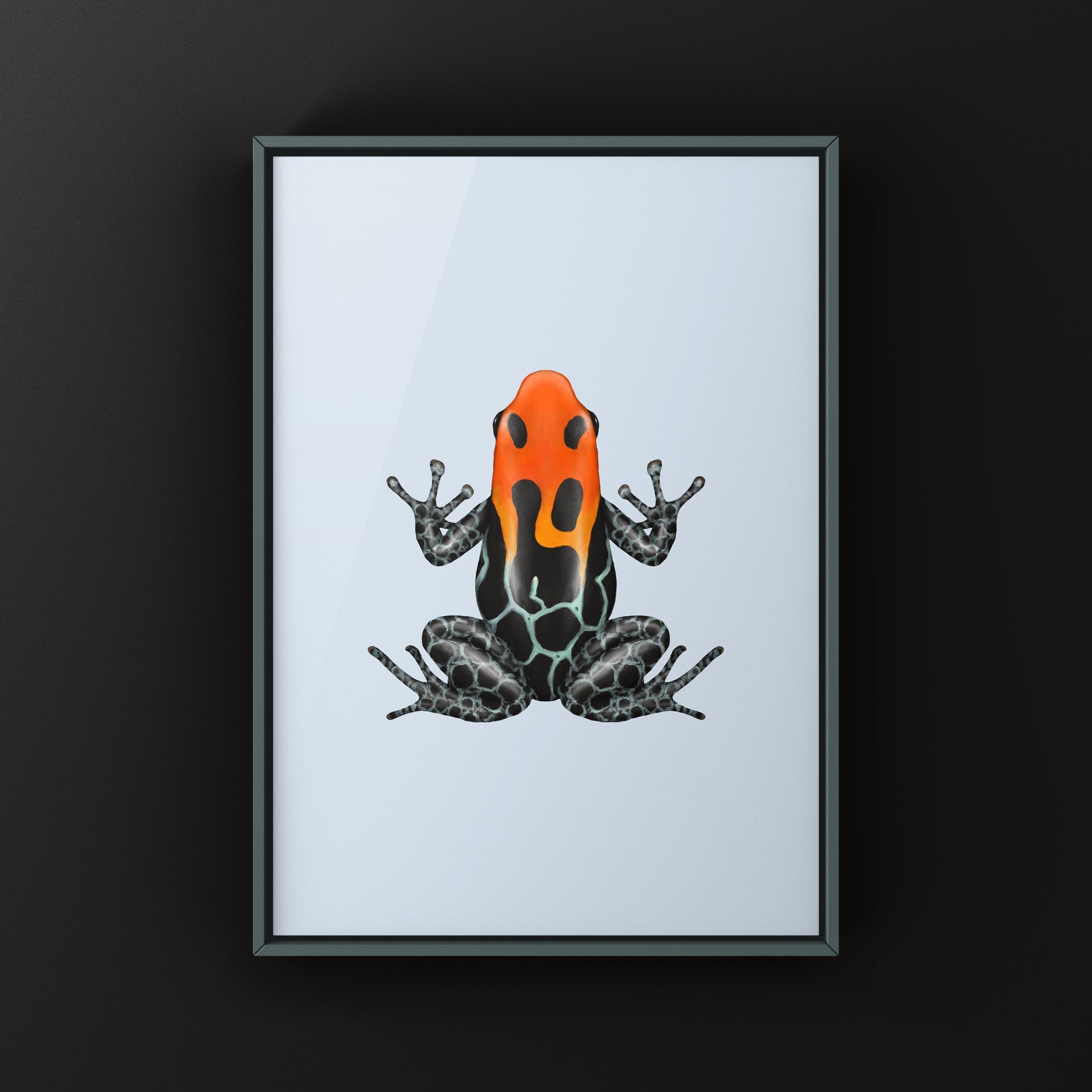 Colorful Amazonian poison frog art print featuring a Ranitomeya amazonica from The Silk Ranch, showcasing vibrant rainforest wildlife.