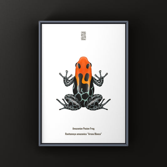 Colorful Amazonian poison frog art print featuring a Ranitomeya amazonica on vibrant green leaves, by The Silk Ranch.