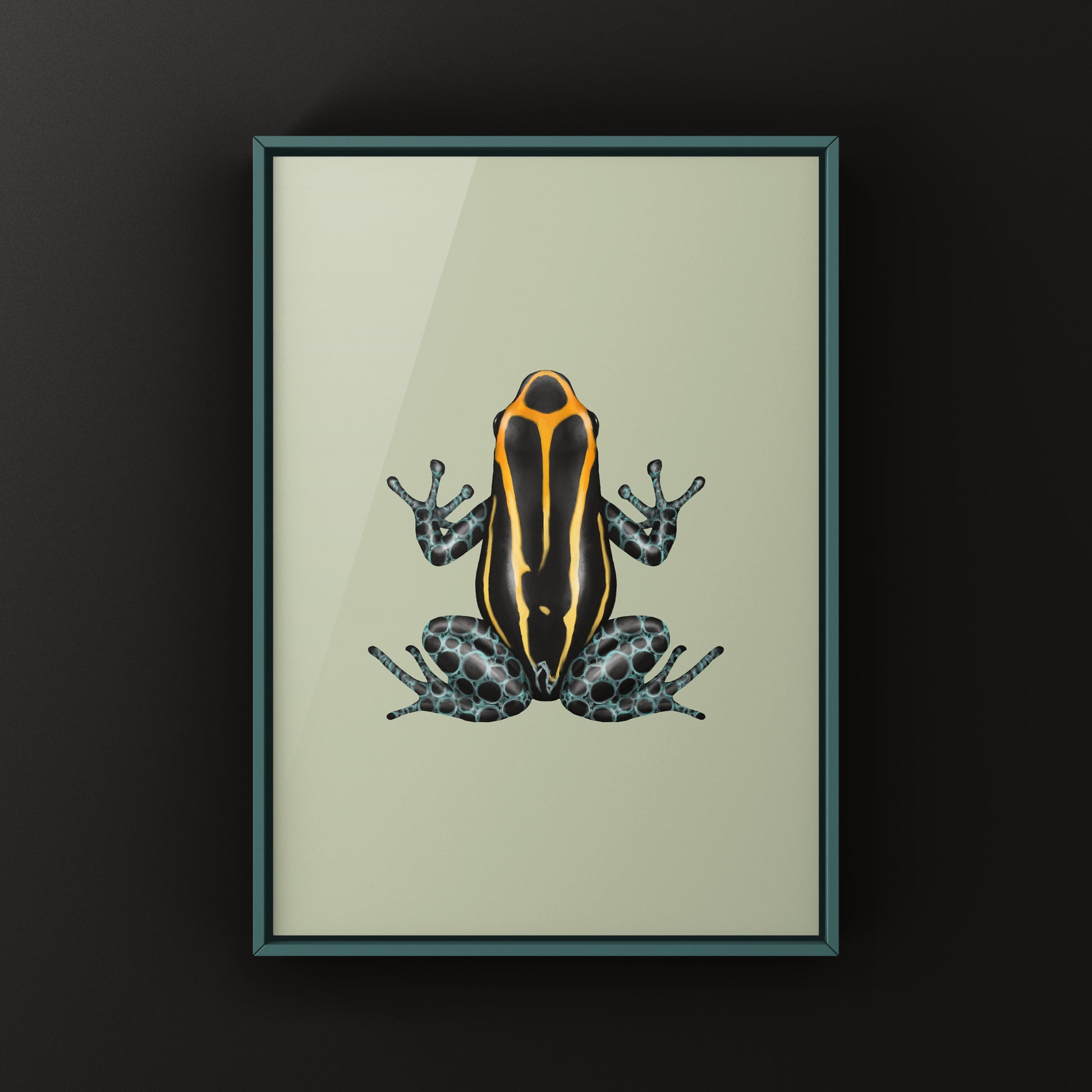 Colorful art print of a Blackwater Amazonian Poison Frog (Ranitomeya amazonica) by The Silk Ranch, showcasing vibrant tropical amphibian details.