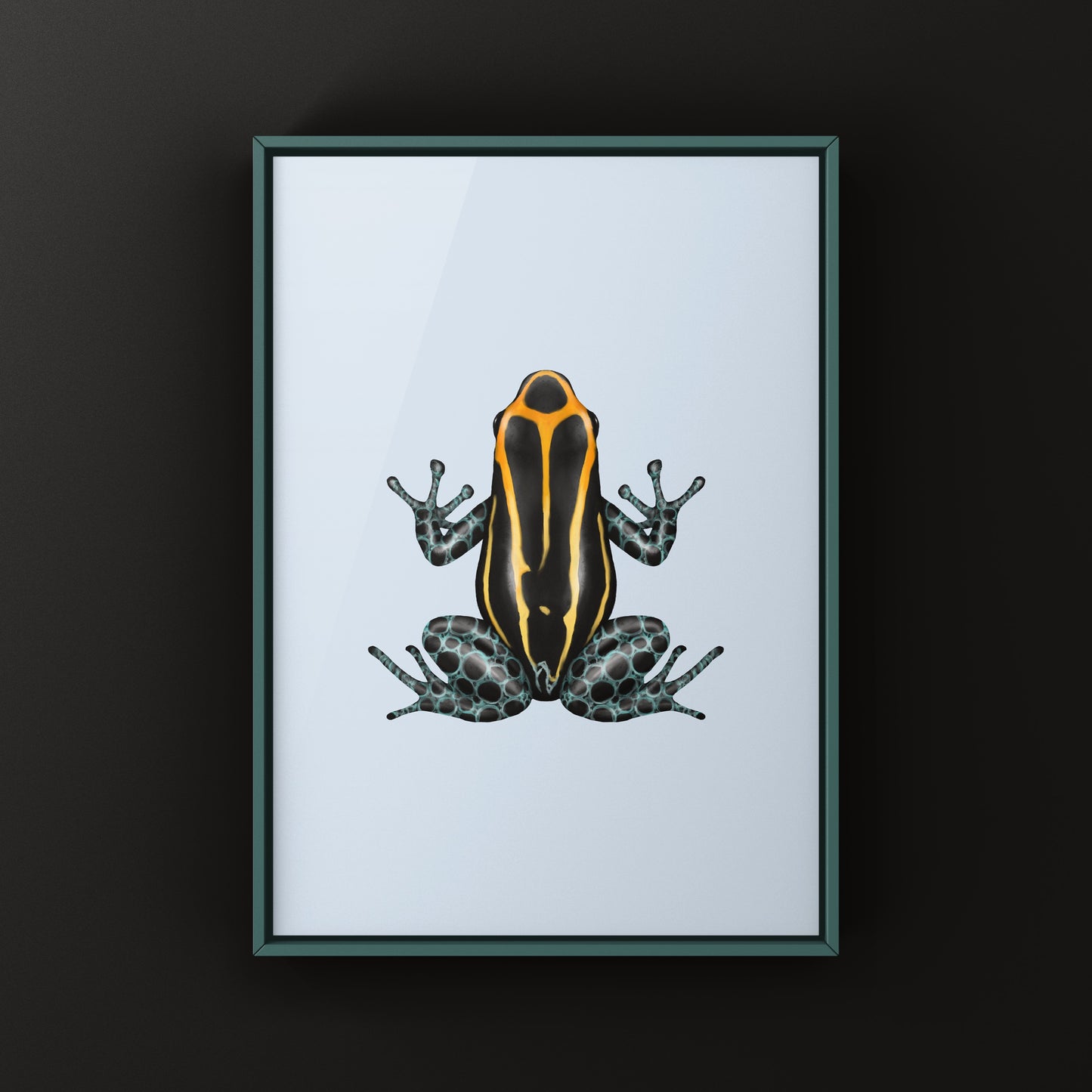 Blackwater Amazonian Poison Frog art print featuring vibrant Ranitomeya amazonica on a lush green background, by The Silk Ranch.