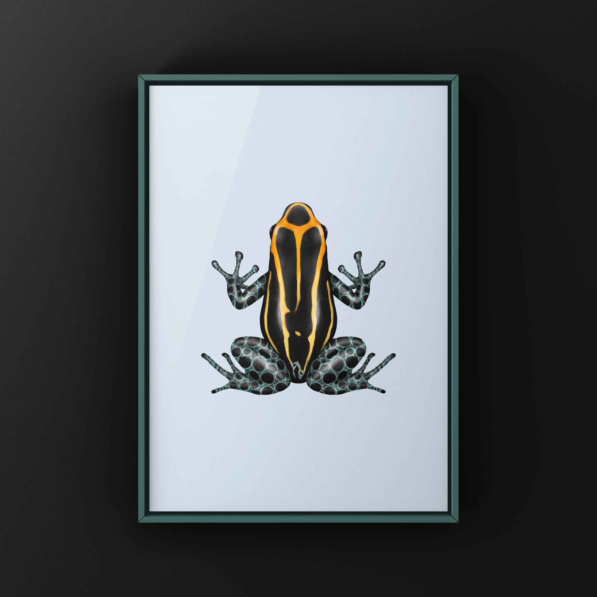 Blackwater Amazonian Poison Frog art print featuring vibrant Ranitomeya amazonica on a lush green background, by The Silk Ranch.