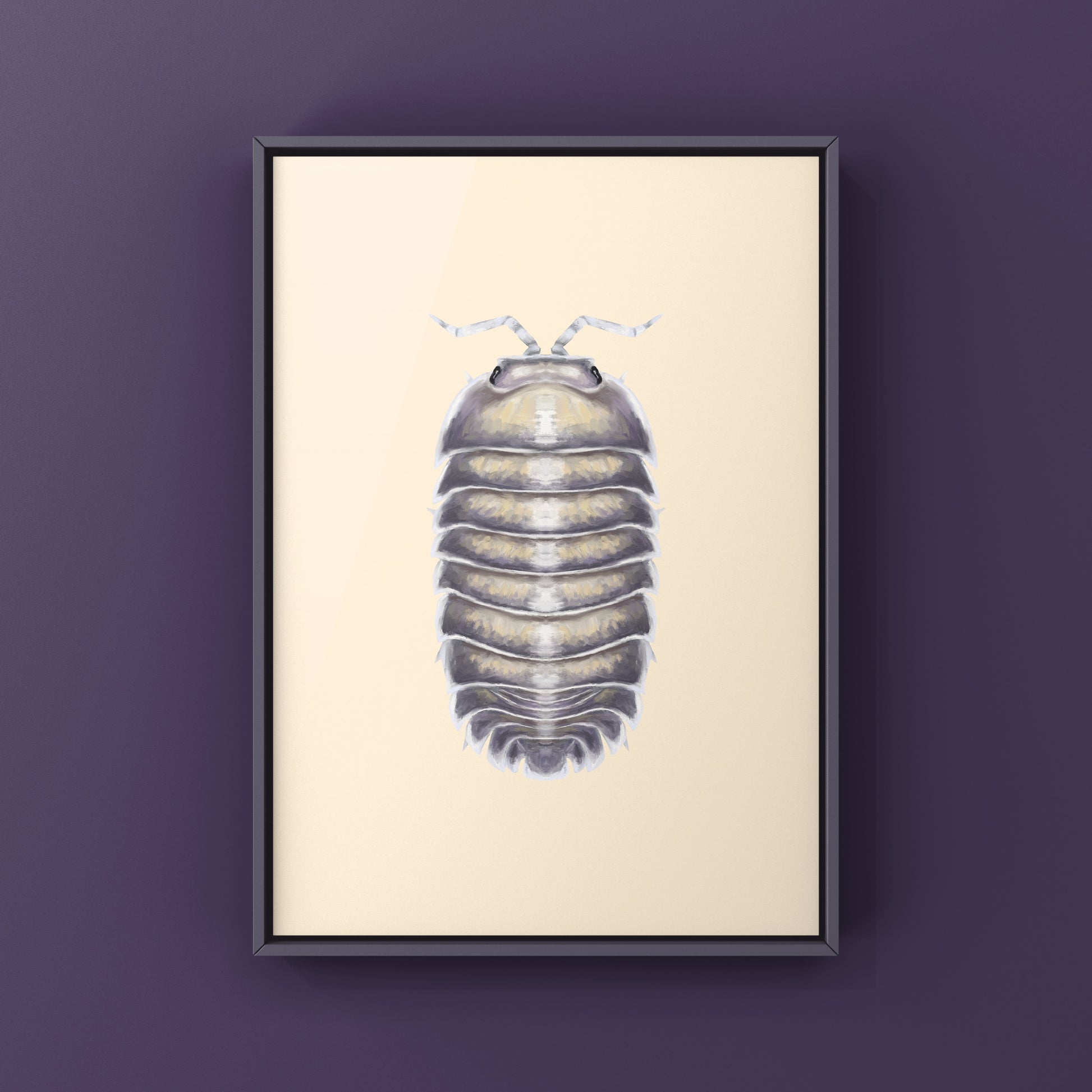 Purple Ghost Isopod art print featuring Nesodillo arcangelii, showcasing detailed purple and gray tones, by The Silk Ranch.