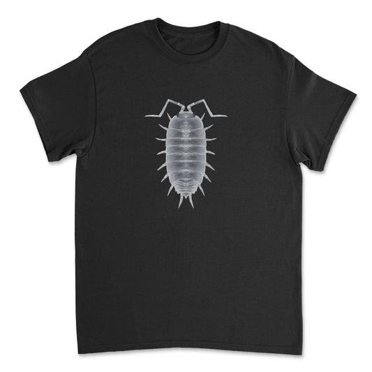 Powder blue isopod art T-shirt by Mingo Art, featuring a detailed illustration of a small crustacean on the front.