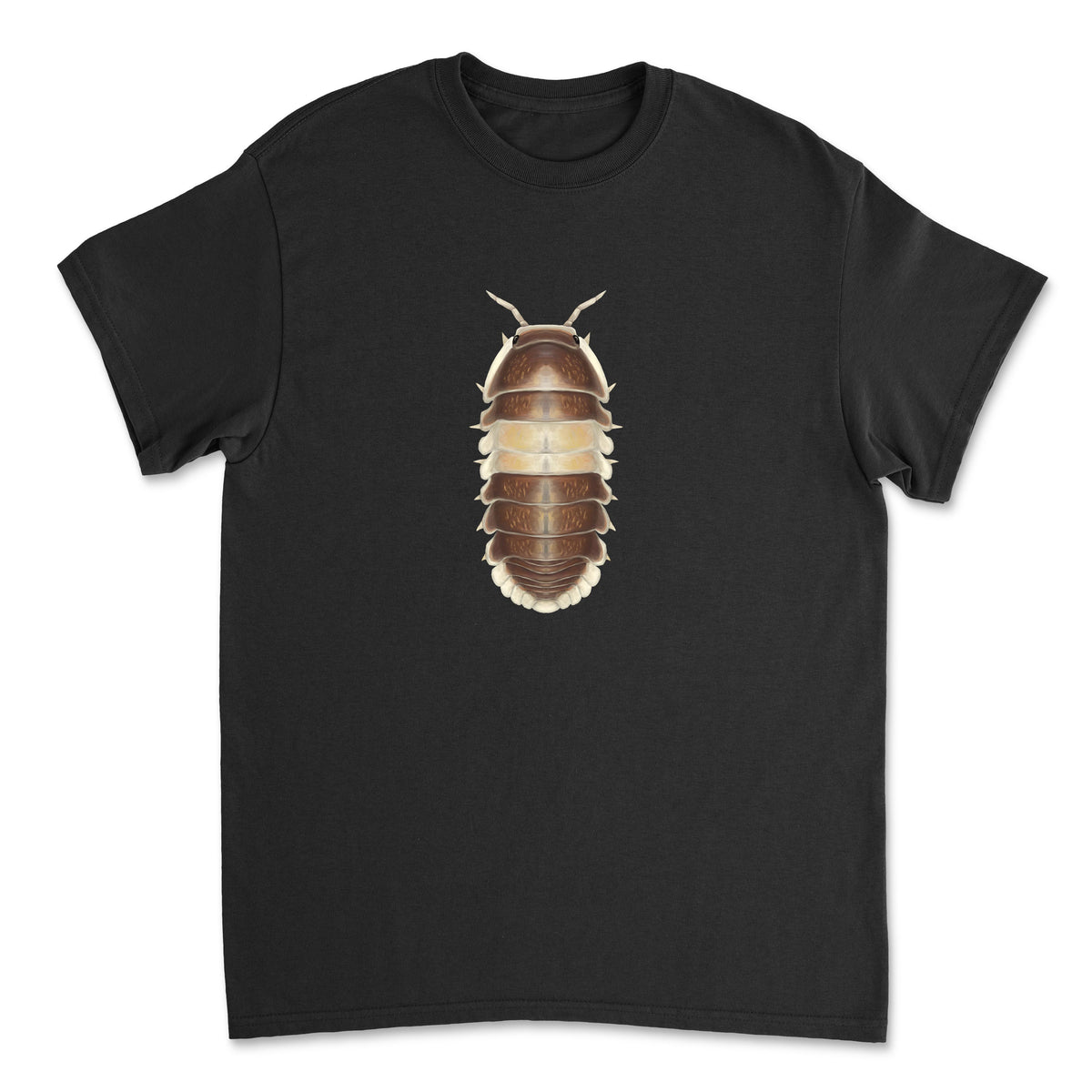 Gildan brand Cappuccino Isopod Art T-Shirt featuring detailed illustration of an isopod crustacean on the front.